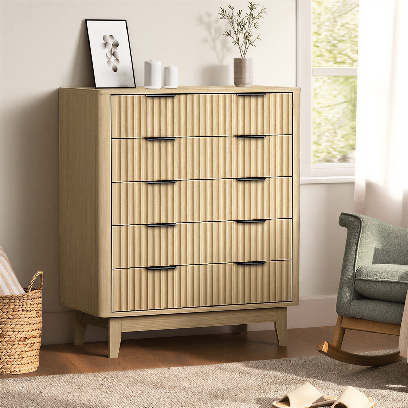 Oikiture 5 Chest of Drawers Storage Cabinet Dressers Tallboy Stripe Natural - Sunyee