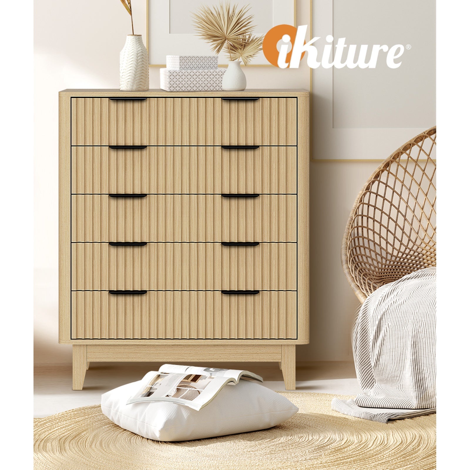 Oikiture 5 Chest of Drawers Storage Cabinet Dressers Tallboy Stripe Natural - Sunyee