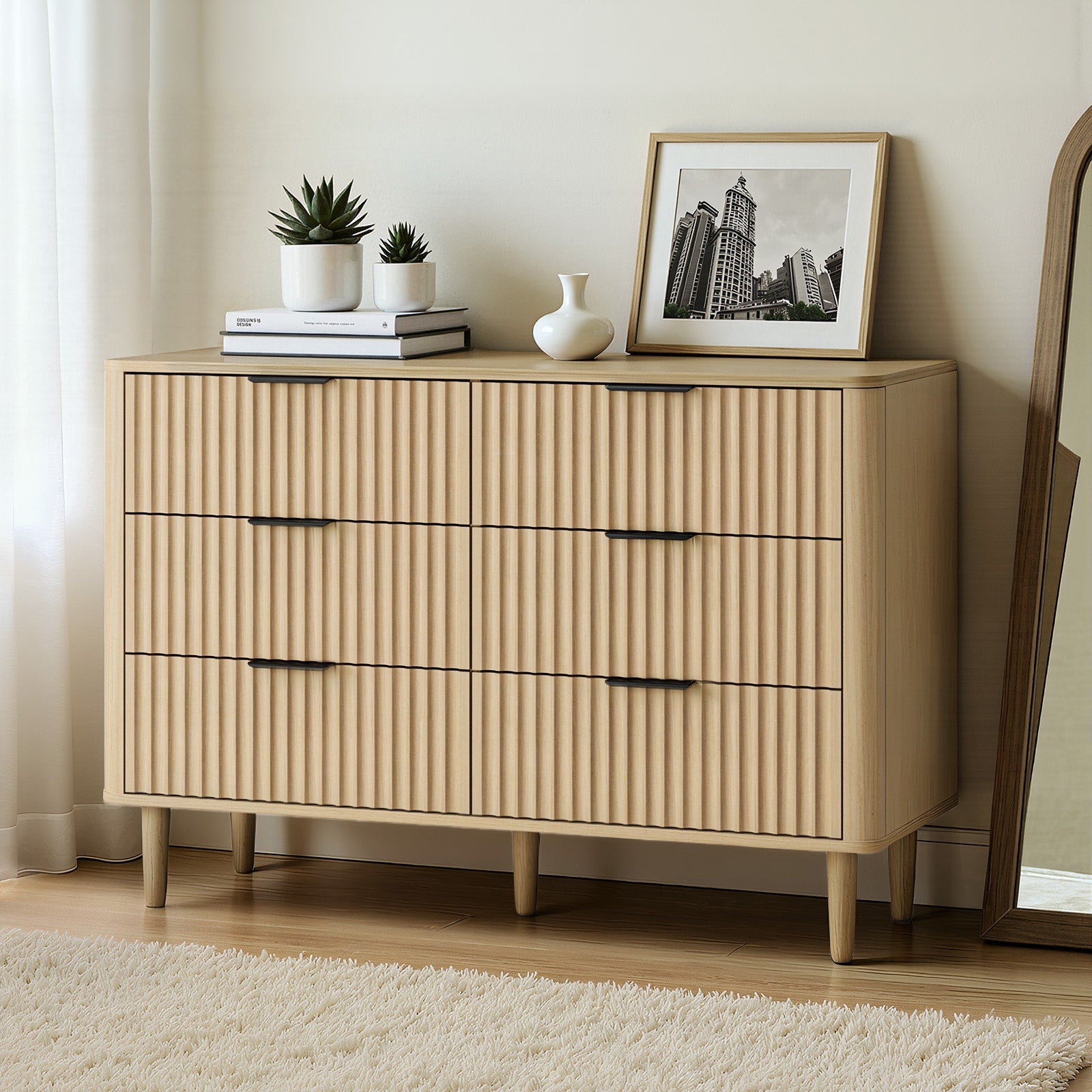 Oikiture 6 Chest of Drawers Storage Cabinet Dressers Lowboy Stripe Natural - Sunyee
