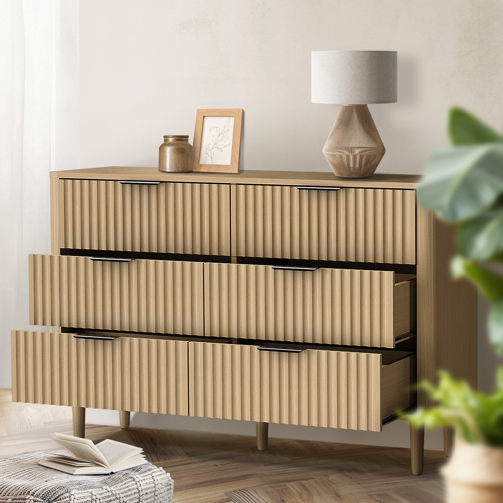 Oikiture 6 Chest of Drawers Storage Cabinet Dressers Lowboy Stripe Natural - Sunyee
