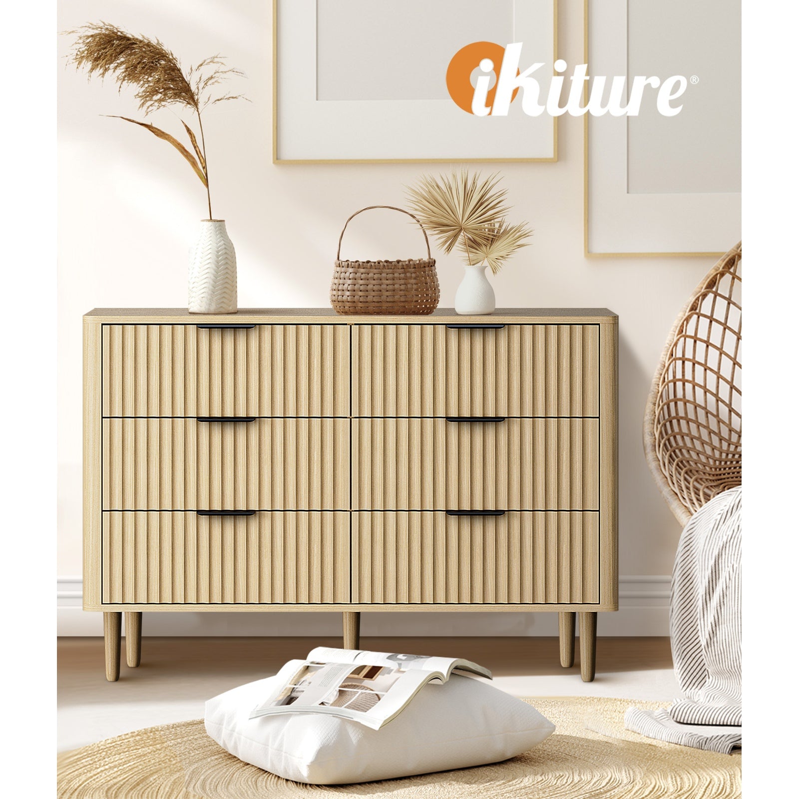 Oikiture 6 Chest of Drawers Storage Cabinet Dressers Lowboy Stripe Natural - Sunyee