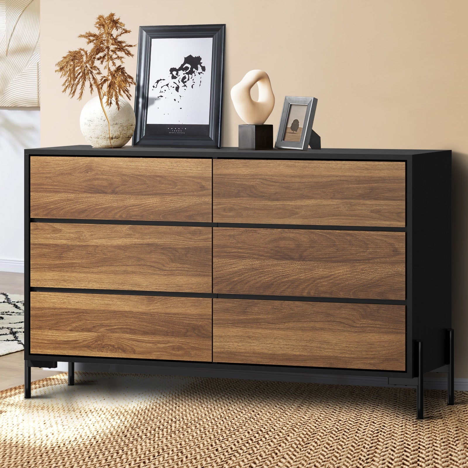 Oikiture 6 Chest of Drawers Cabinet Dresser Table Lowboy Storage Bedroom Walnut - Sunyee
