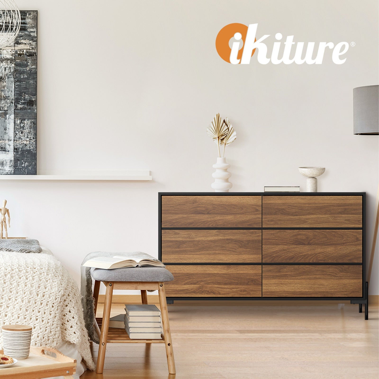 Oikiture 6 Chest of Drawers Cabinet Dresser Table Lowboy Storage Bedroom Walnut - Sunyee