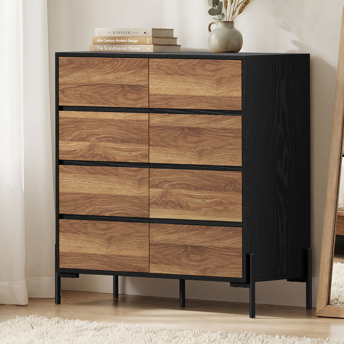 Oikiture 8 Drawer Chest Of Drawers Handle-Free Dresser Tallboy Storage Walnut