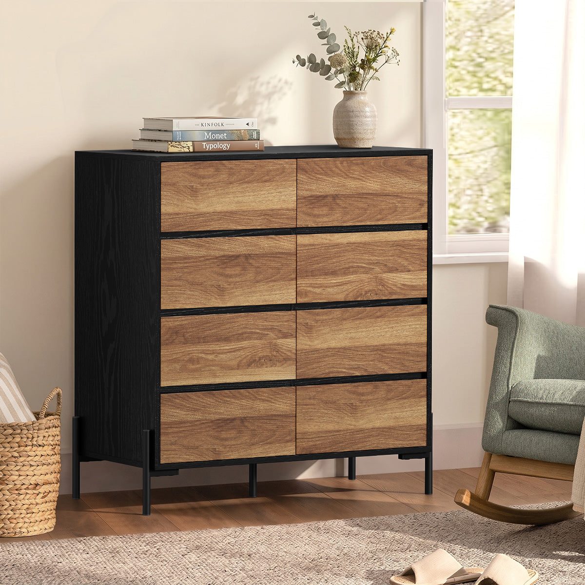 Oikiture 8 Drawer Chest Of Drawers Handle-Free Dresser Tallboy Storage Walnut