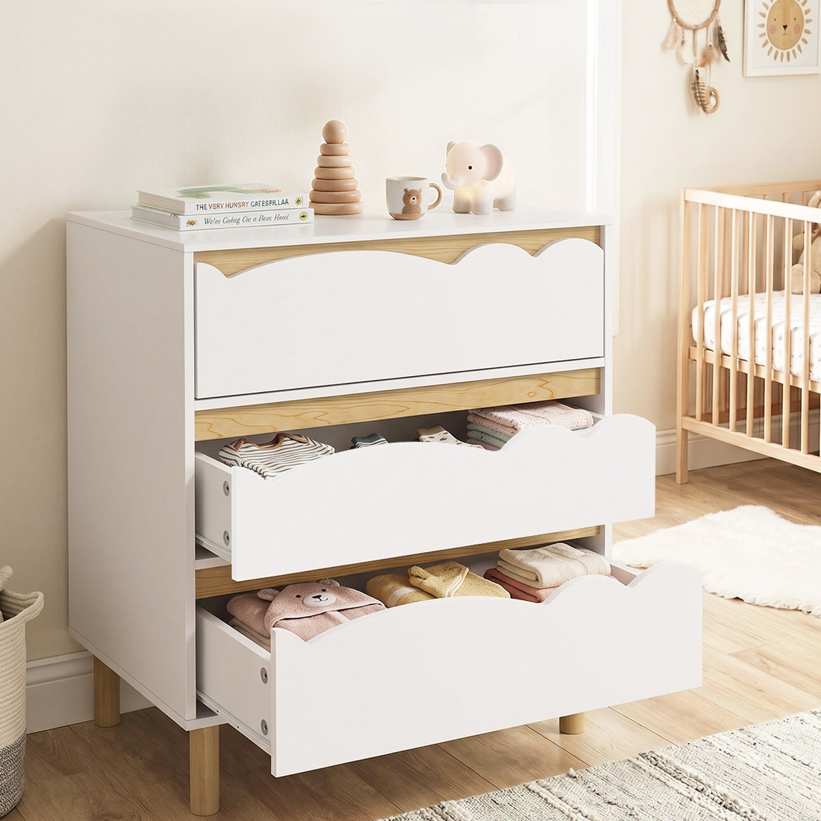 Oikiture 3 Chest Of Drawers Handle-free Dresser Kids Bedroom Storage White