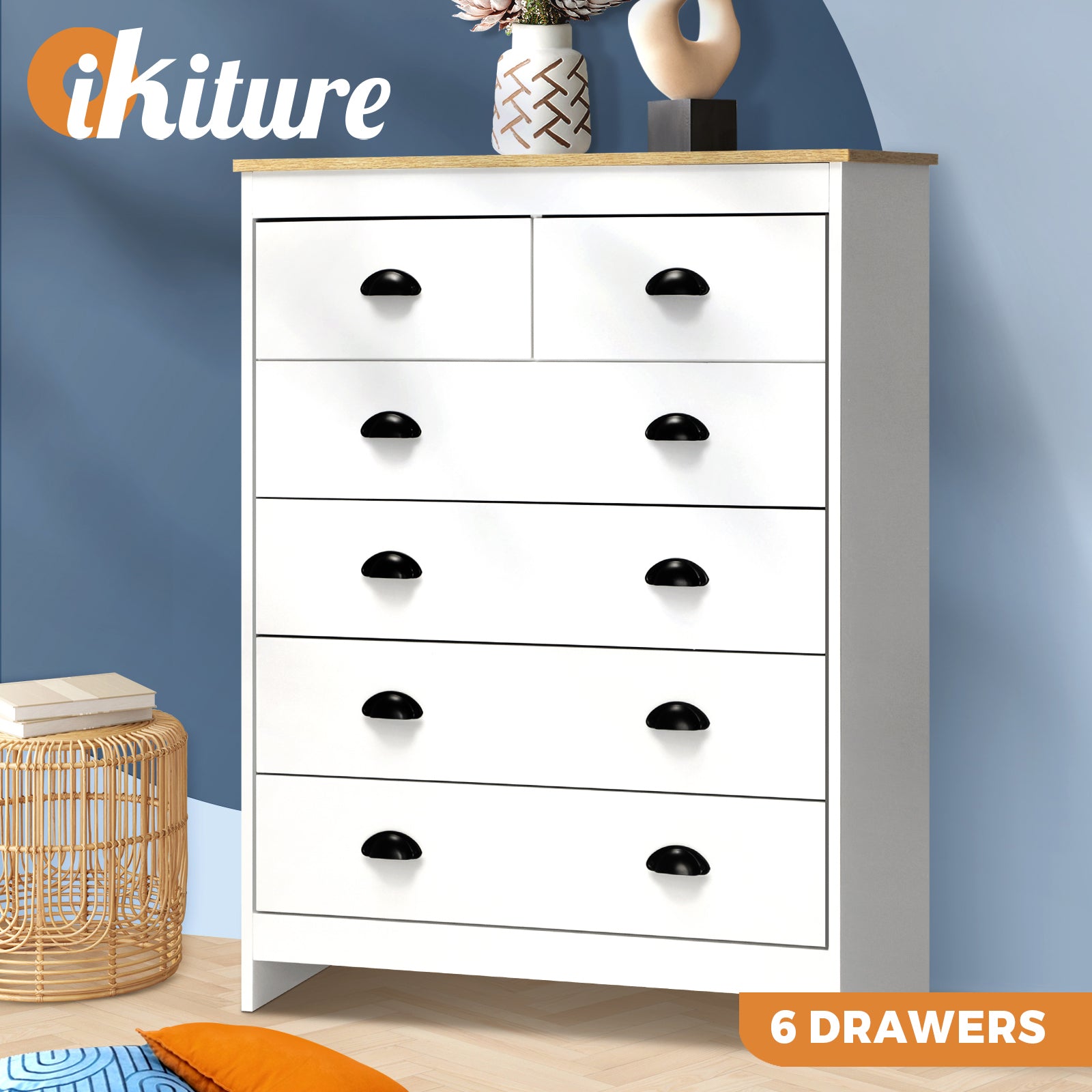 Oikiture Tallboy 6 Chest of Drawers Dresser Table Storage Cabinet Bedroom - Sunyee