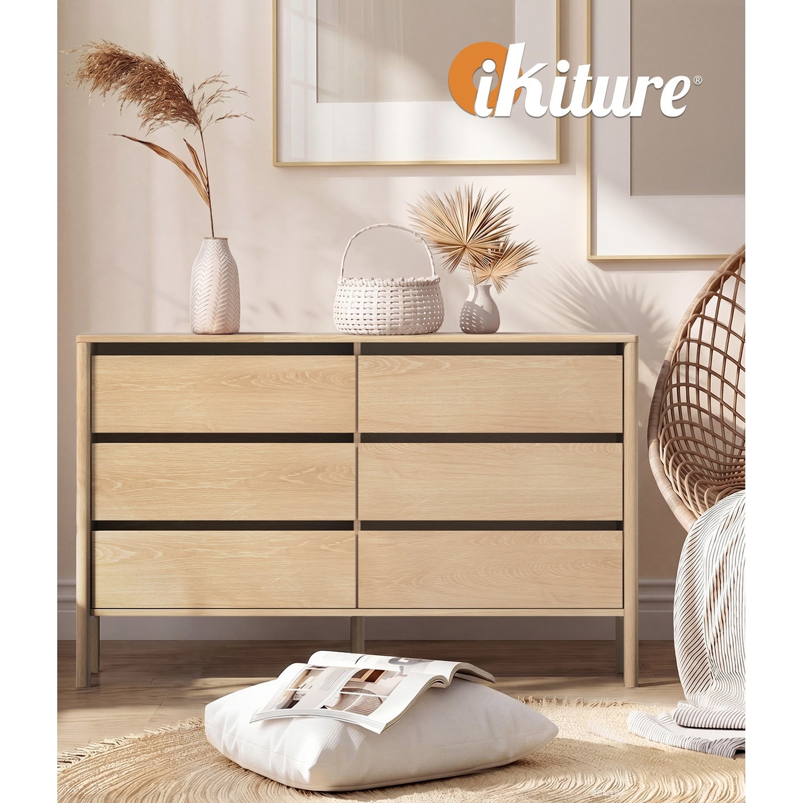 Oikiture 6 Chest Of Drawers Dresser Lowboy Storage Handle-Free Bedroom Natural