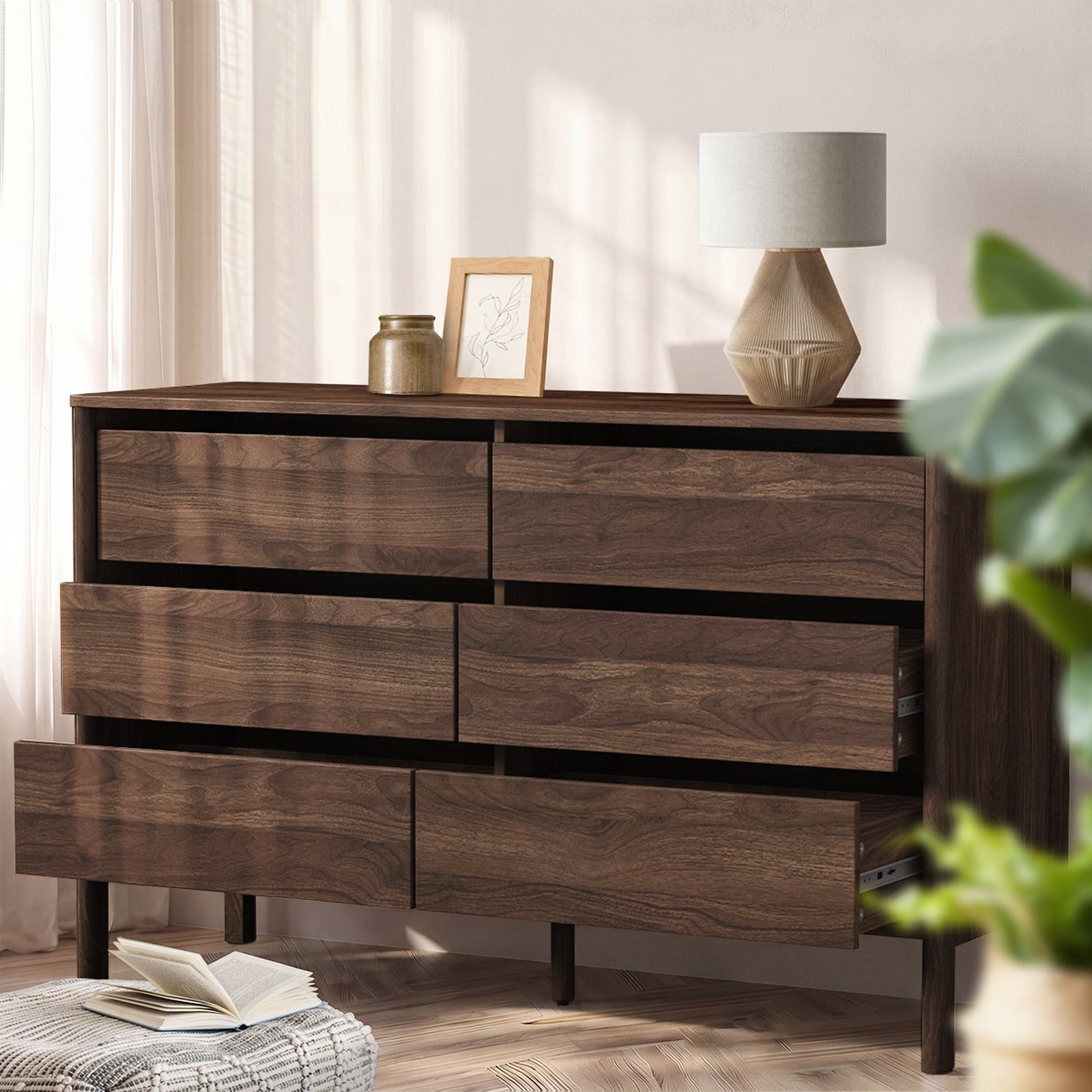 Oikiture 6 Chest Of Drawers Dresser Lowboy Storage Handle-Free Bedroom Walnut