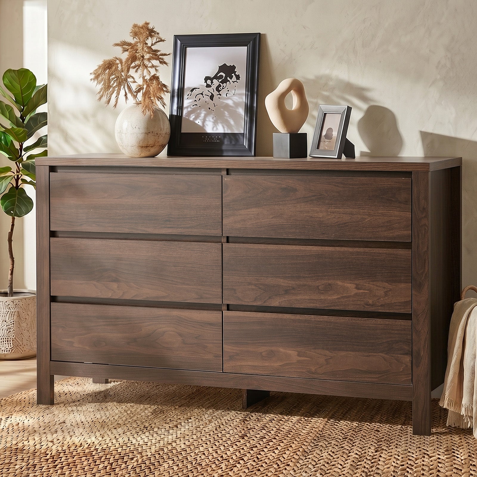 Oikiture 6 Chest Of Drawer Lowboy Dresser Storage Handle-Free Bedroom Walnut