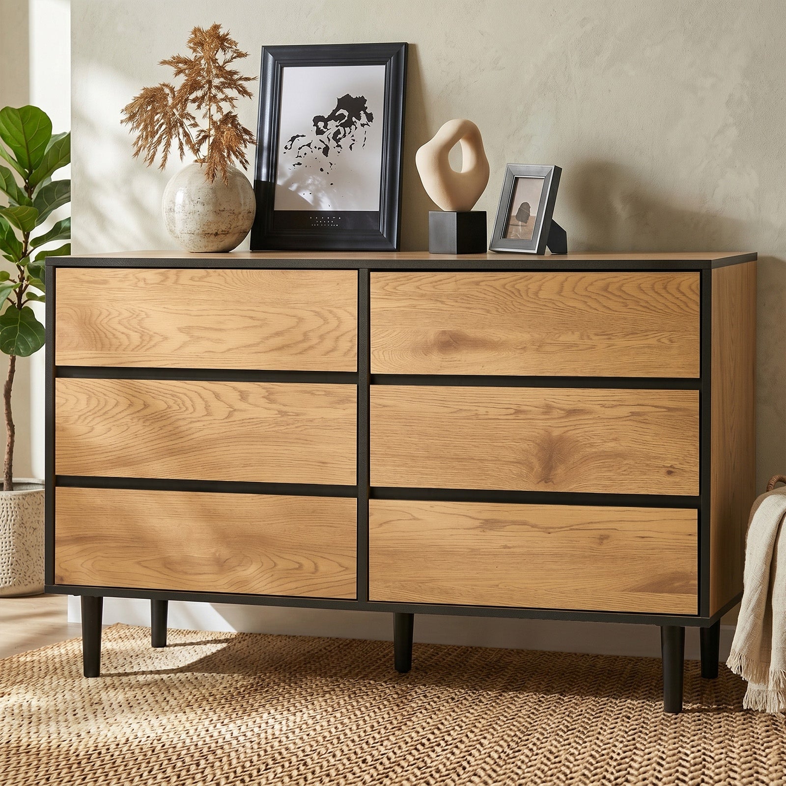 Oikiture 6 Chest of Drawers Lowboy Storage Dresser Hallway Bedroom Natural