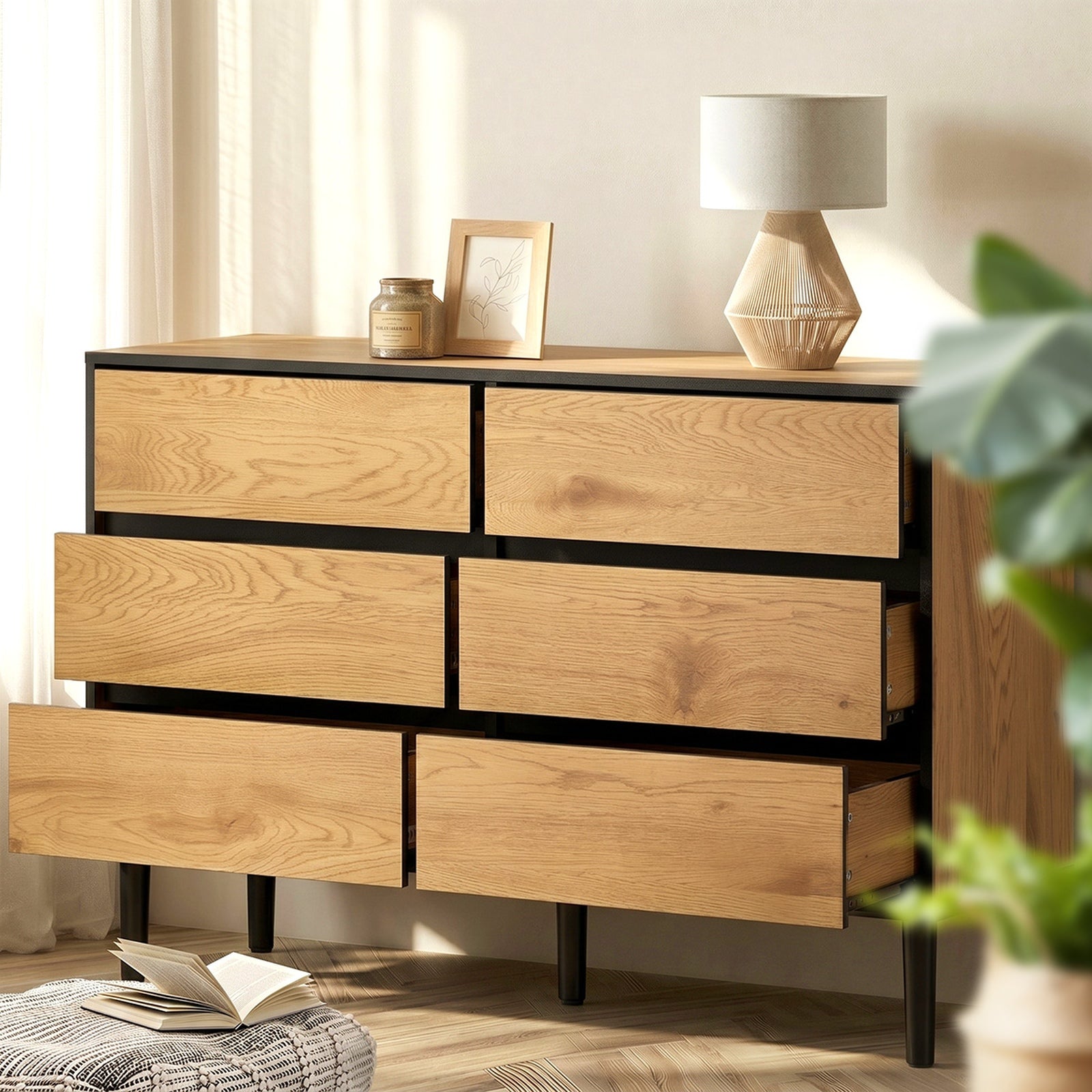 Oikiture 6 Chest of Drawers Lowboy Storage Dresser Hallway Bedroom Natural