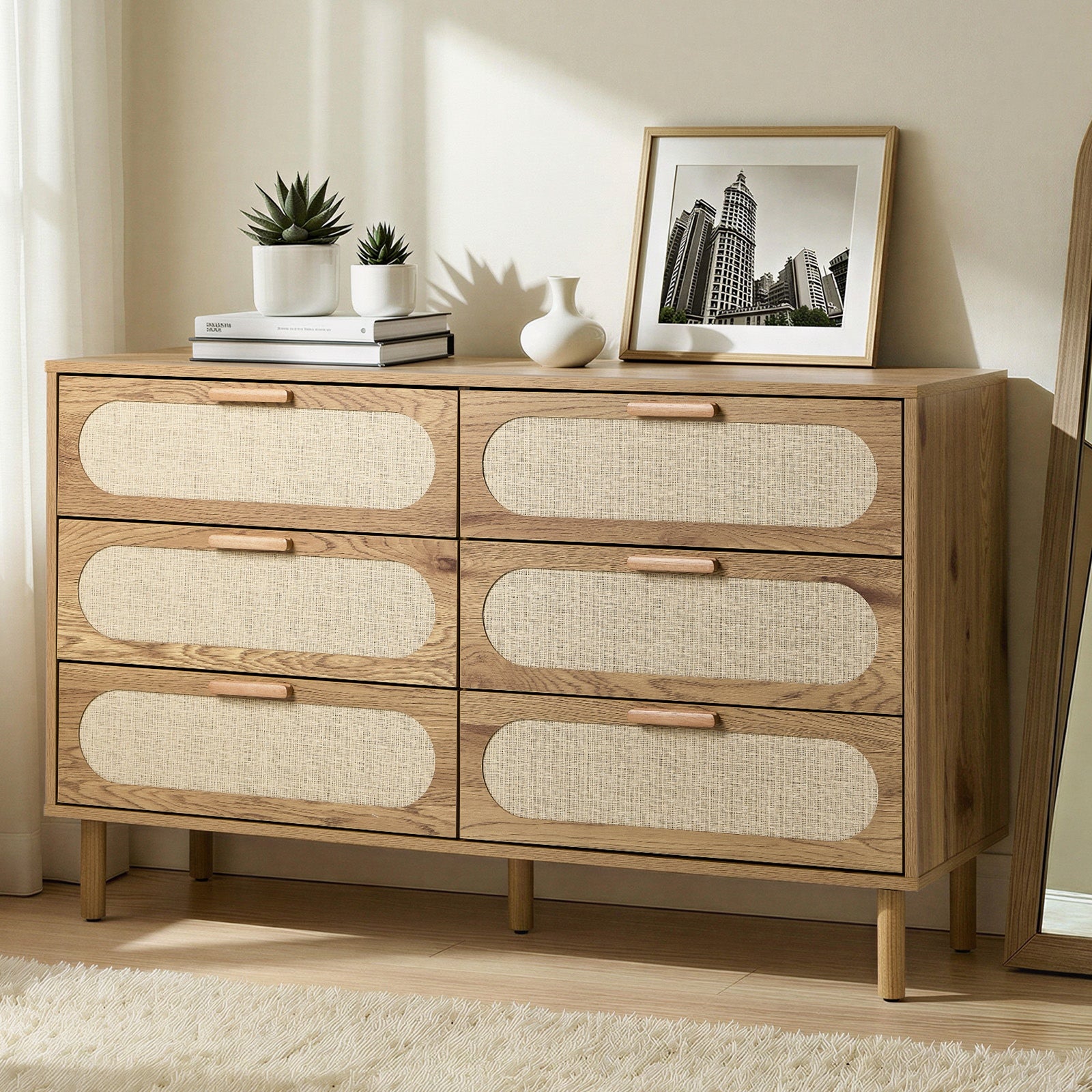 Oikiture 6 Chest of Drawers Lowboy Storage Cabinet Dresser Entryway Natural