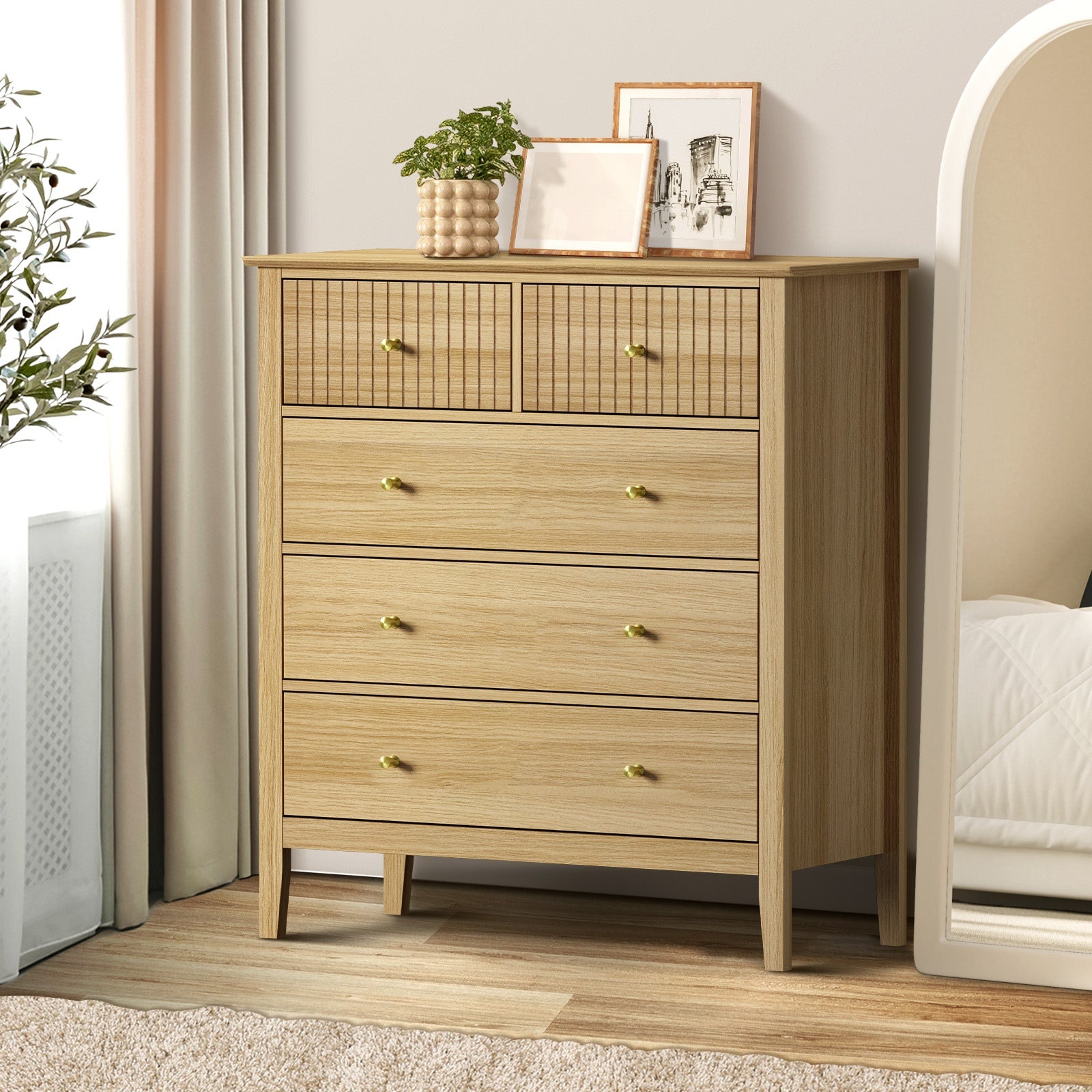 Oikiture 5 Chest of Drawers Dresser Storage Cabinet Tallboy Natural - Sunyee