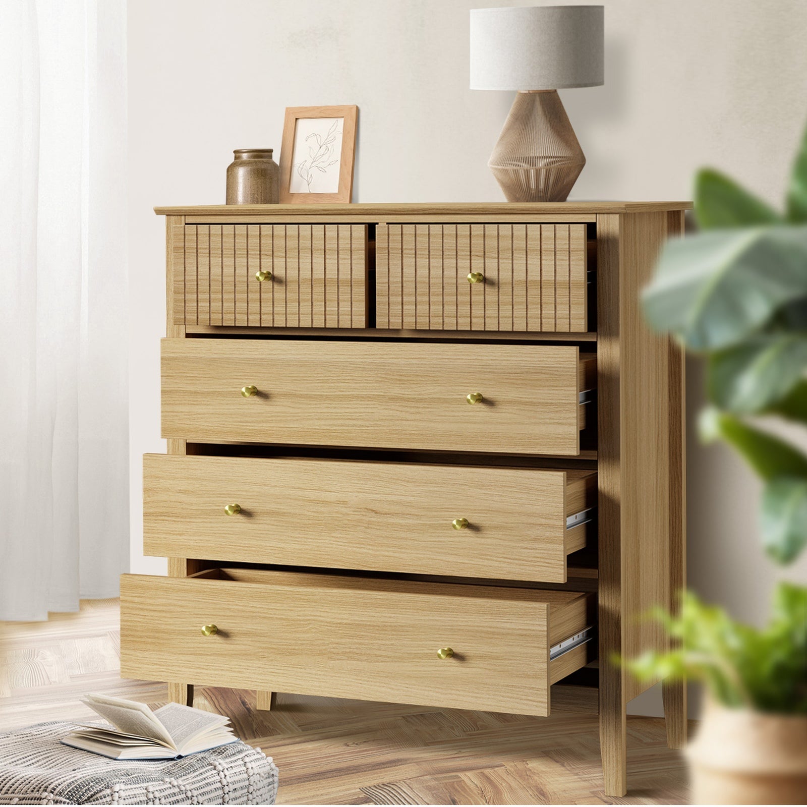 Oikiture 5 Chest of Drawers Dresser Storage Cabinet Tallboy Natural - Sunyee