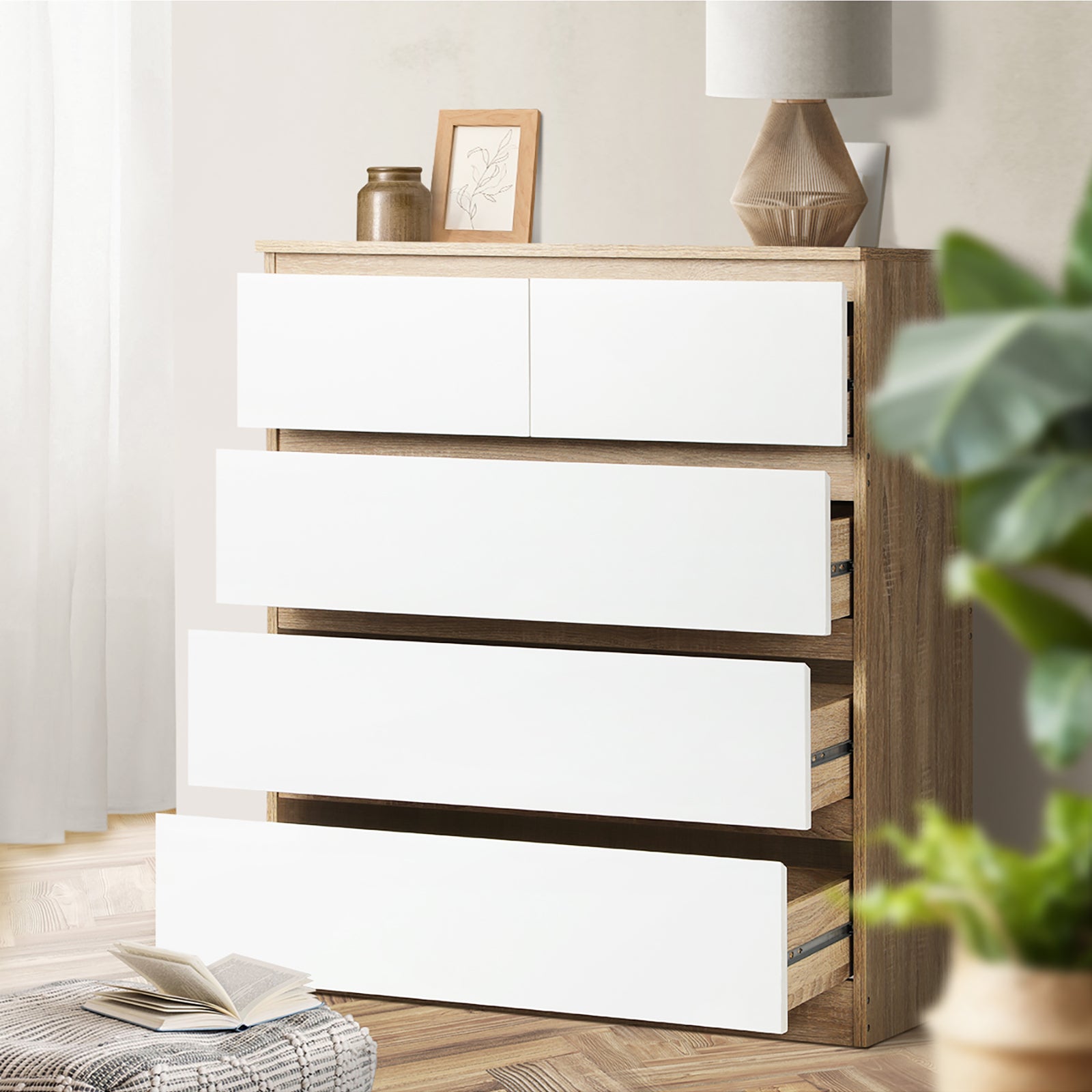 Oikiture 5 Chest of Drawers Tallboy Cabinet Dresser Table Wooden White Furniture - Sunyee