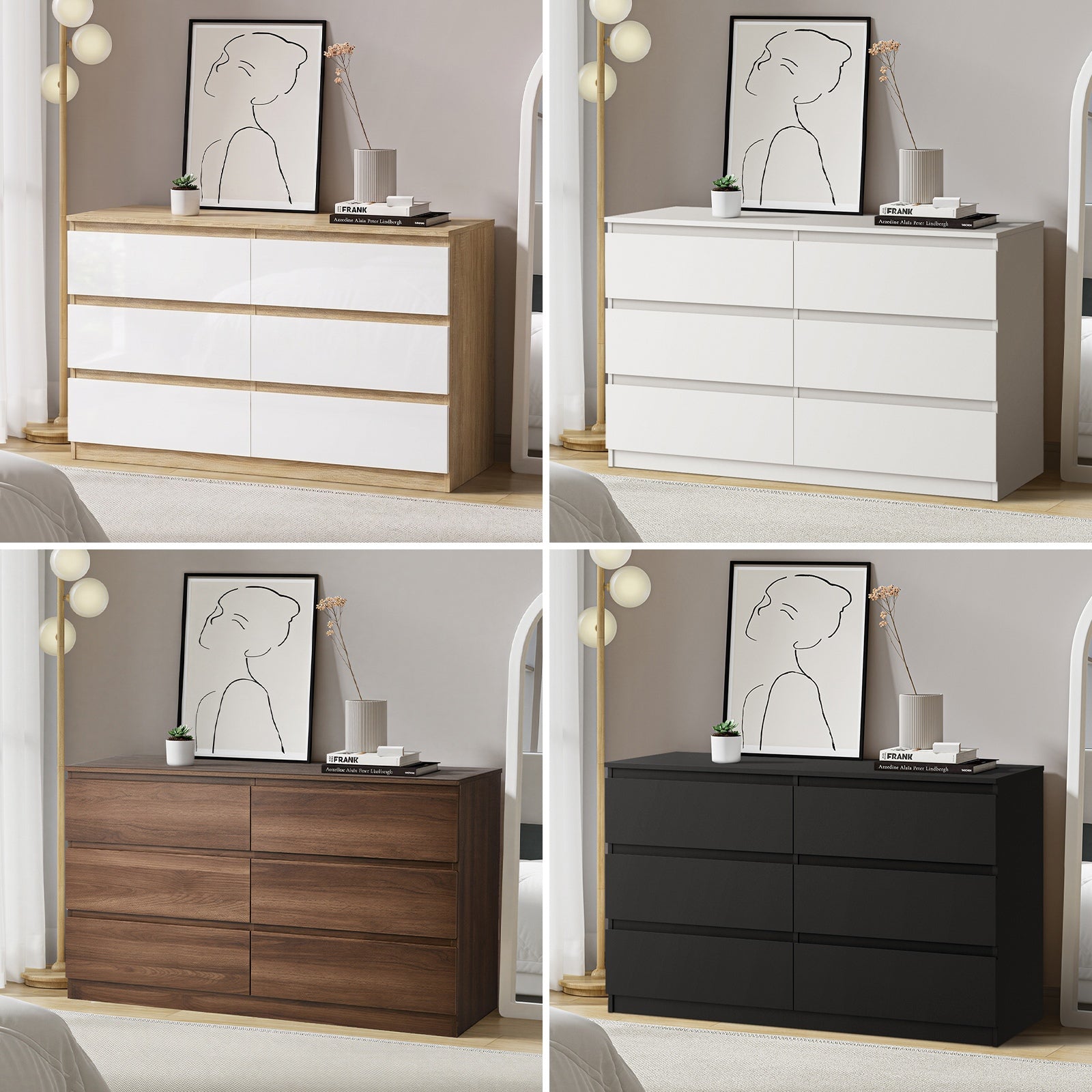 Oikiture 6 Chest of Drawers Lowboy Storage Cabinet Dresser Table Bedroom