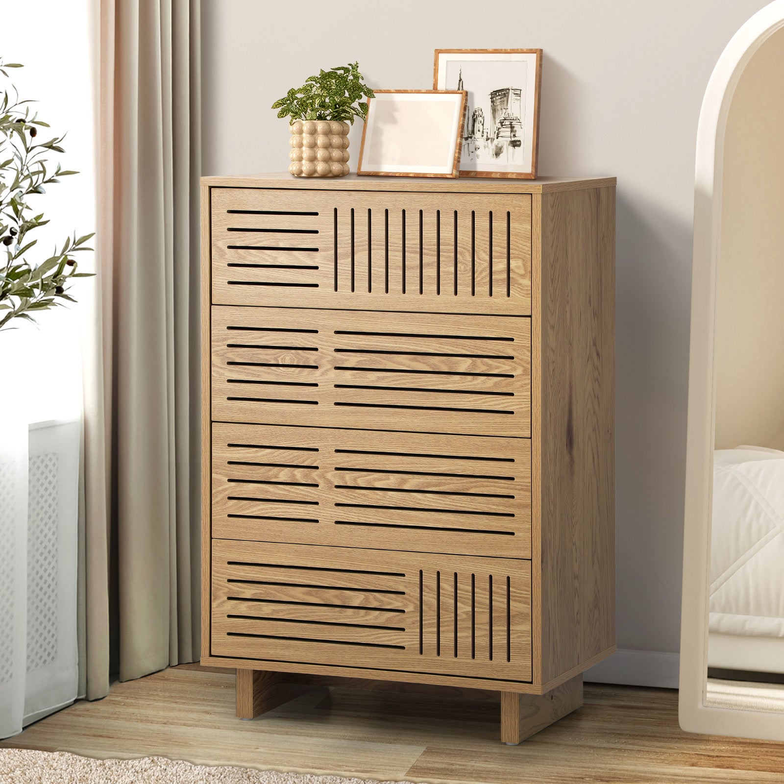 Oikiture 4 Chest of Drawers Storage Cabinet Dresser Table Tallboy Natural - Sunyee