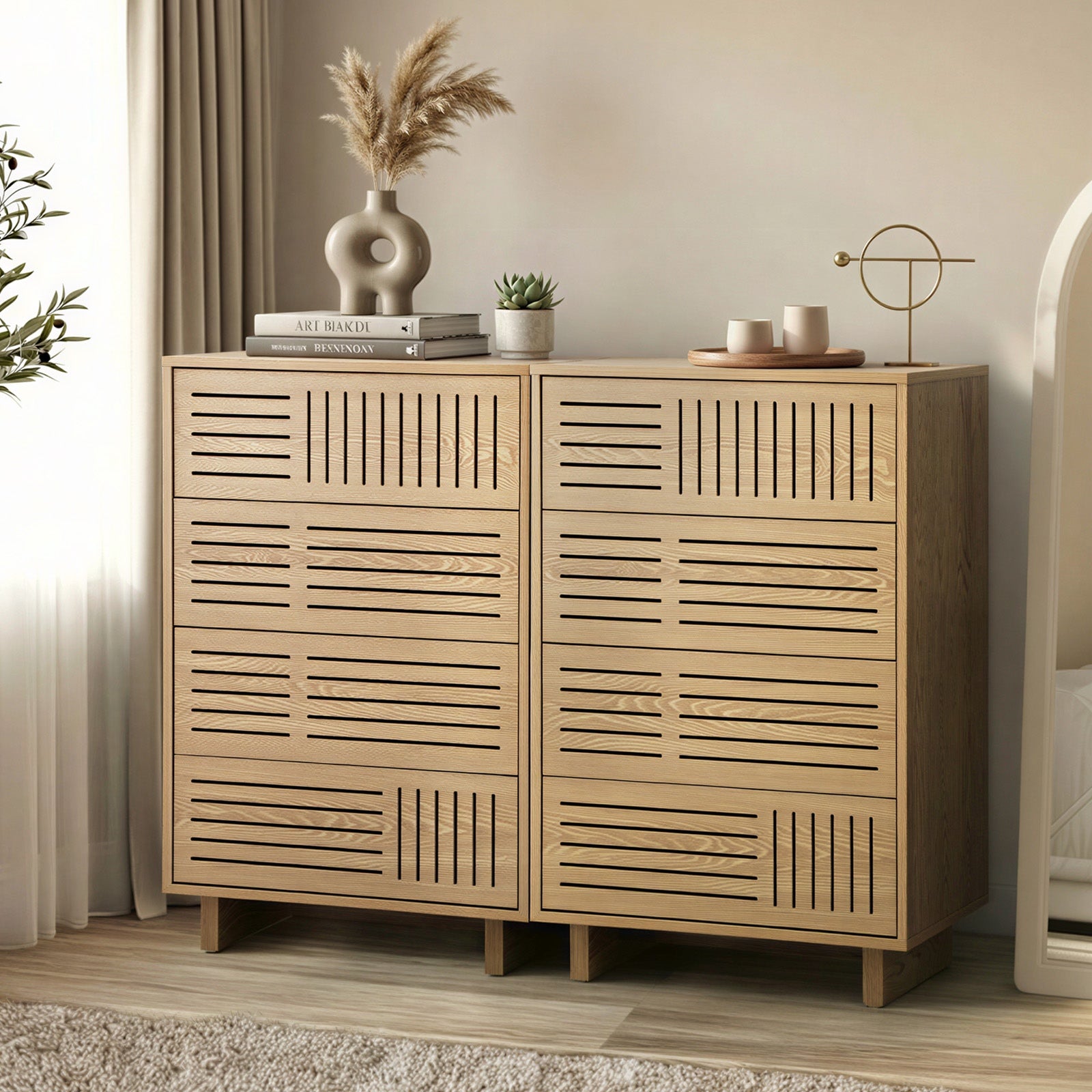 Oikiture 4 Chest of Drawers Storage Cabinet Dresser Tallboy Natural Set of 2 - Sunyee