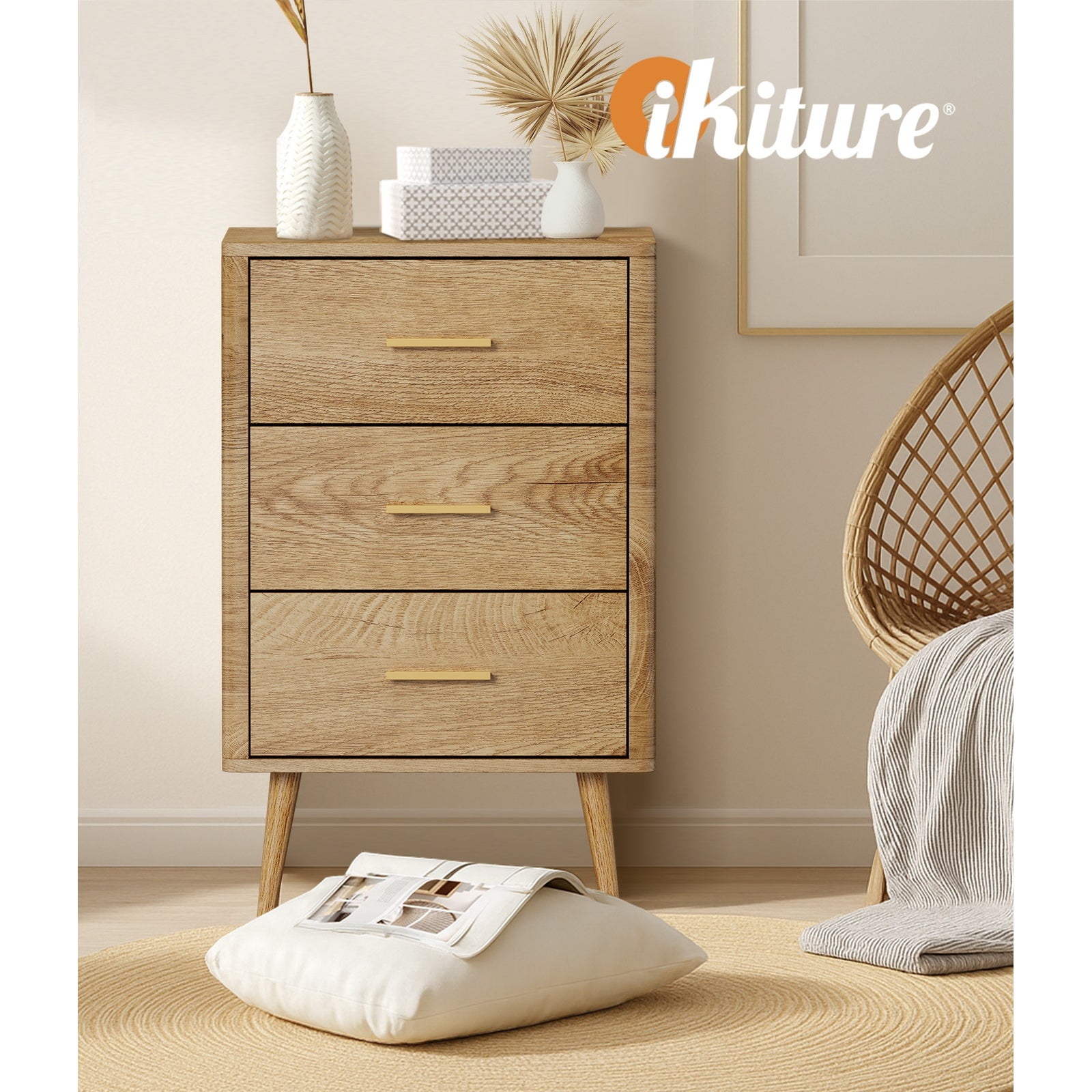 Oikiture 3 Chest of Drawers Dresser Tallboy Storage Cabinet Natural - Sunyee