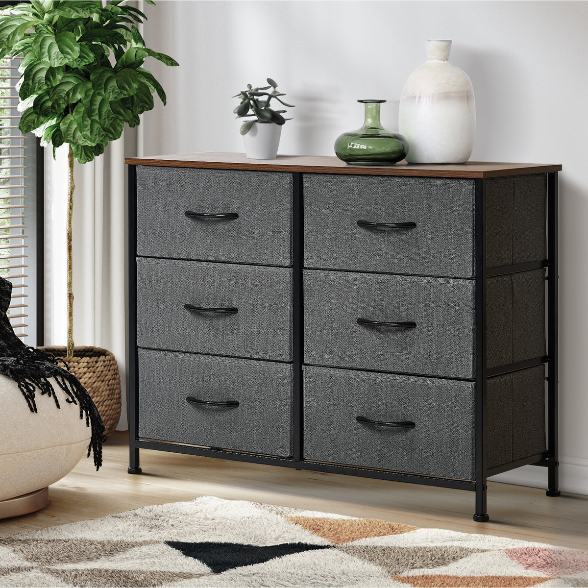 Oikiture 6 Chest of Drawers Storage Cabinet Dresser Organizer Fabric Grey - Sunyee