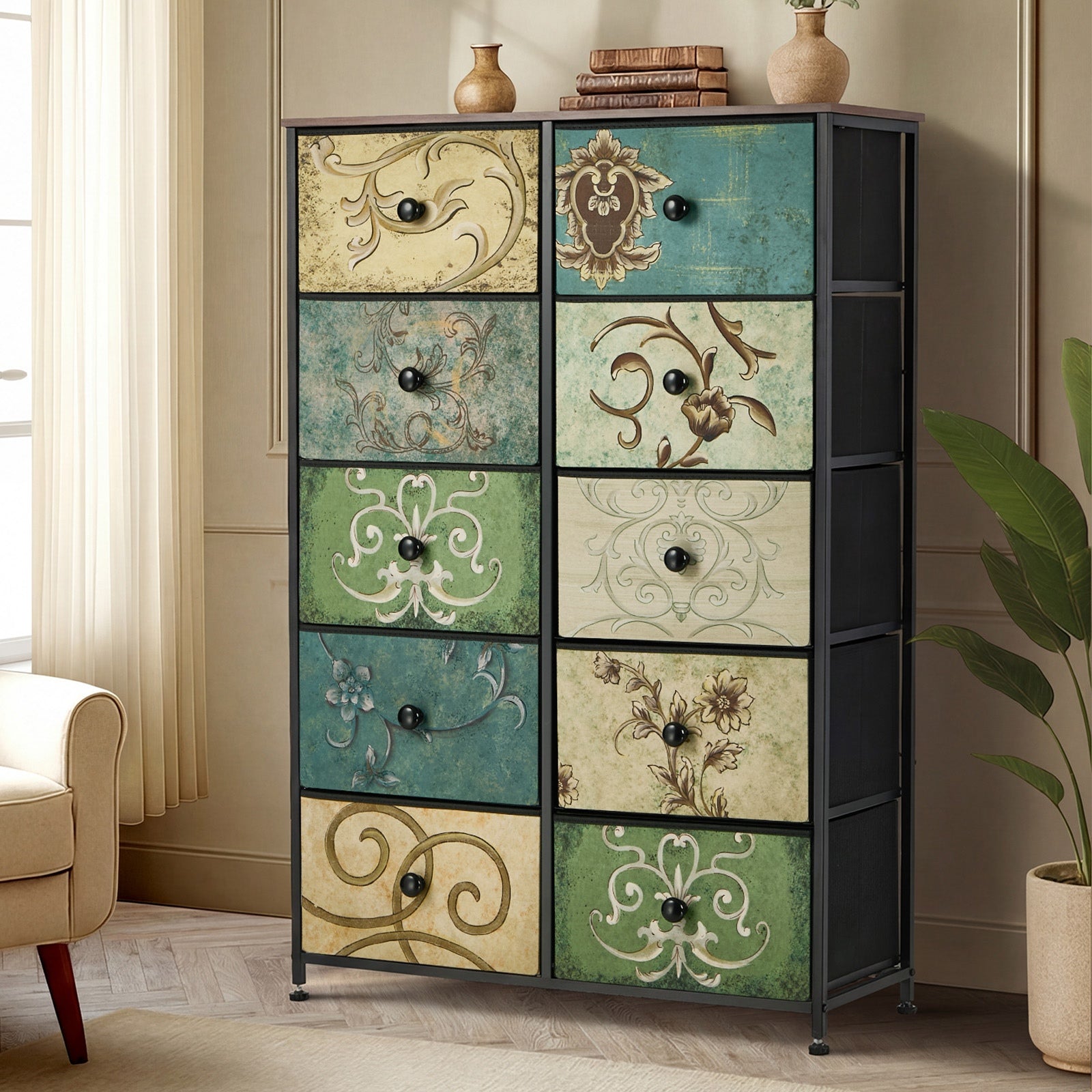 Oikiture 10 Chest of Drawers Fabric Storage Cabinet Tower Tallboy Retro Dresser - Sunyee
