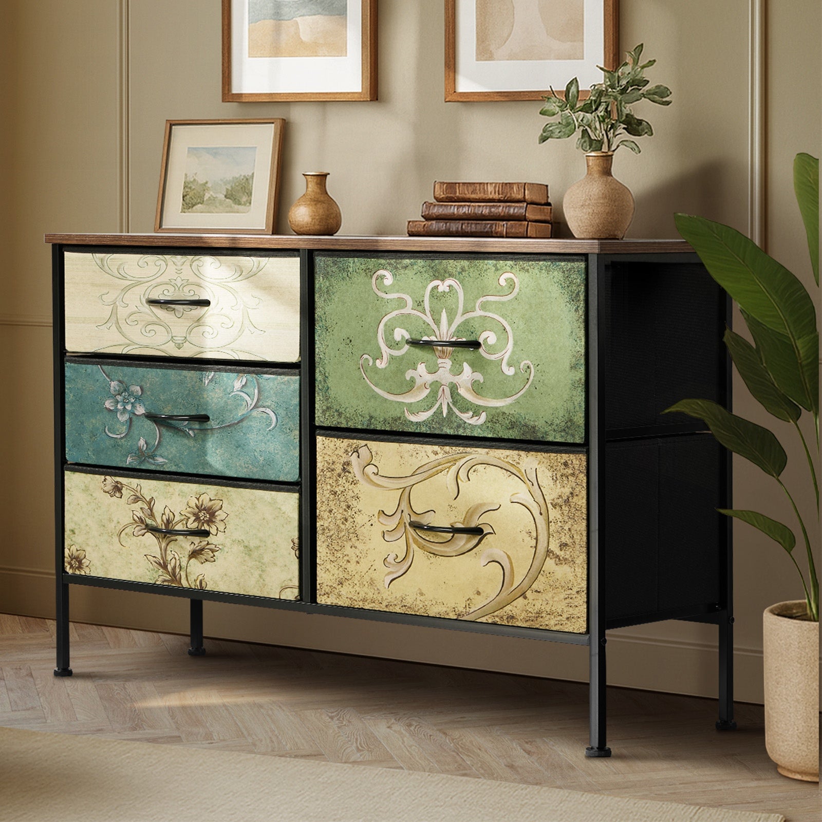 Oikiture 5 Chest Of Drawers Fabric Storage Cabinet Retro Lowboy Organizer