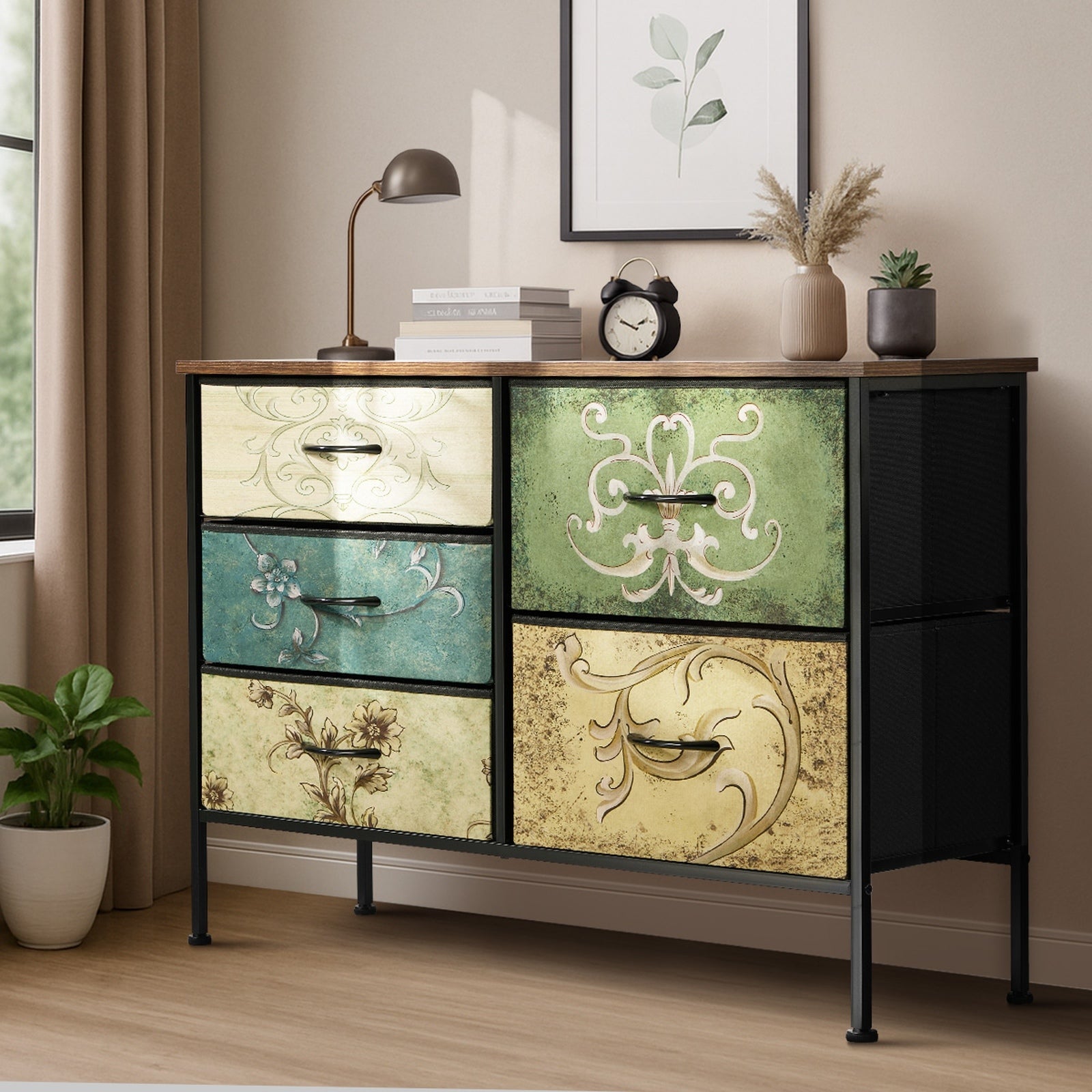 Oikiture 5 Chest Of Drawers Fabric Storage Cabinet Retro Lowboy Organizer