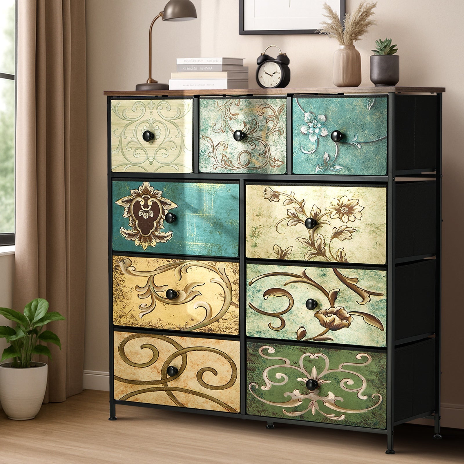 Oikiture 9 Chest of Drawers Fabric Storage Dresser Vintage Tallboy Organizer - Sunyee