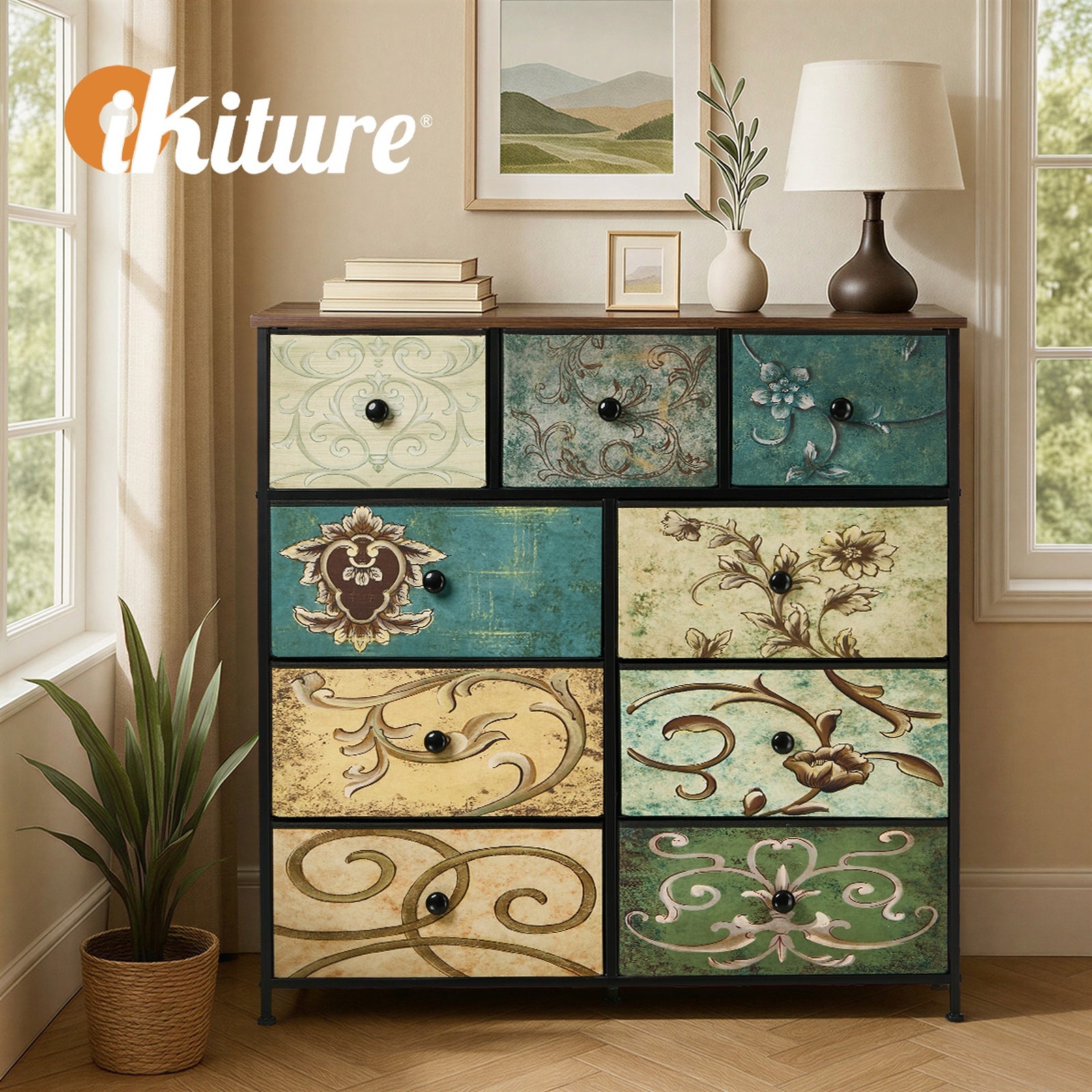 Oikiture 9 Chest of Drawers Fabric Storage Dresser Vintage Tallboy Organizer - Sunyee