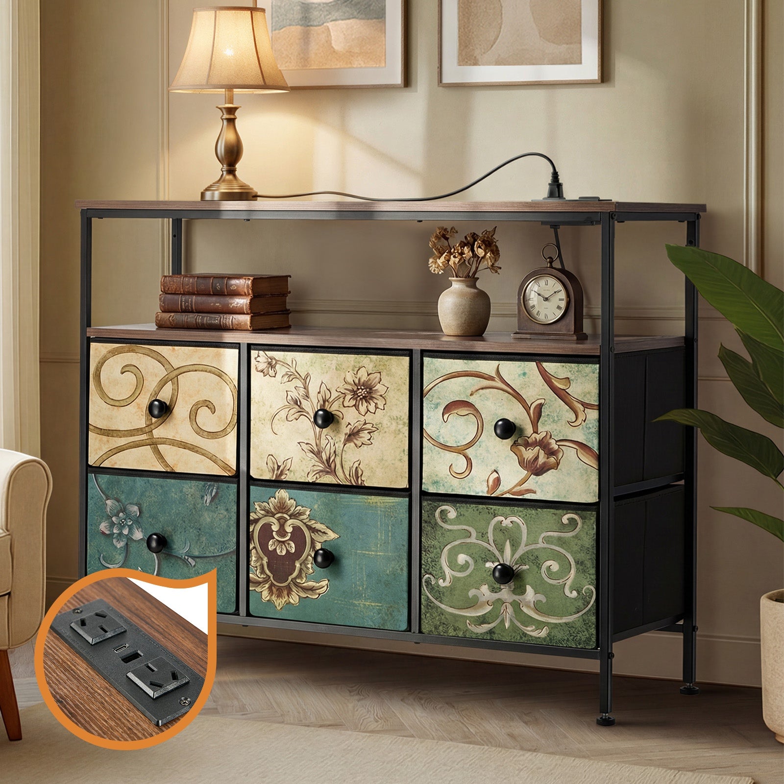 Oikiture 6 Chest of Drawers Fabric Retro Dresser Lowboy Shelf Charging Station - Sunyee