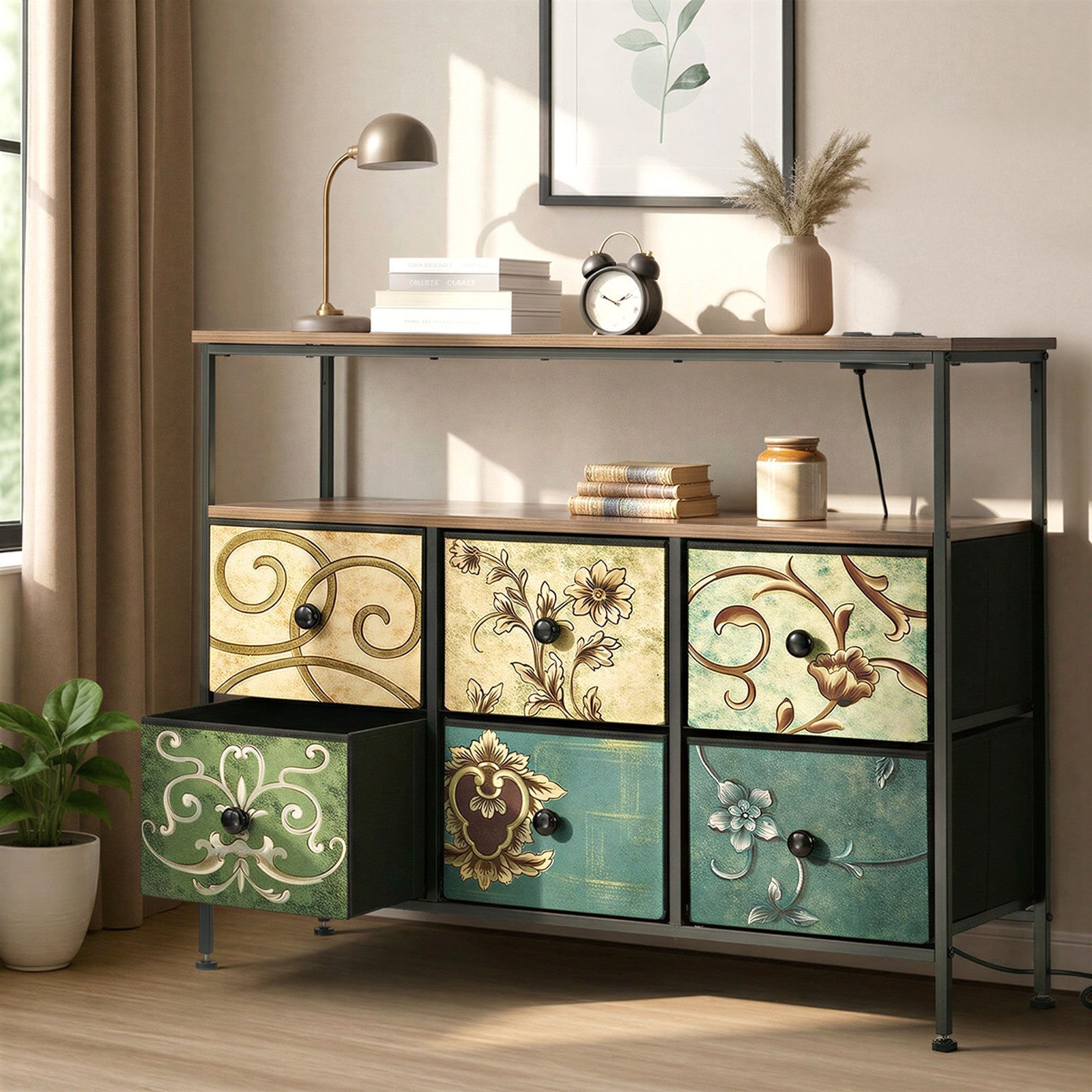 Oikiture 6 Chest of Drawers Fabric Retro Dresser Lowboy Shelf Charging Station - Sunyee