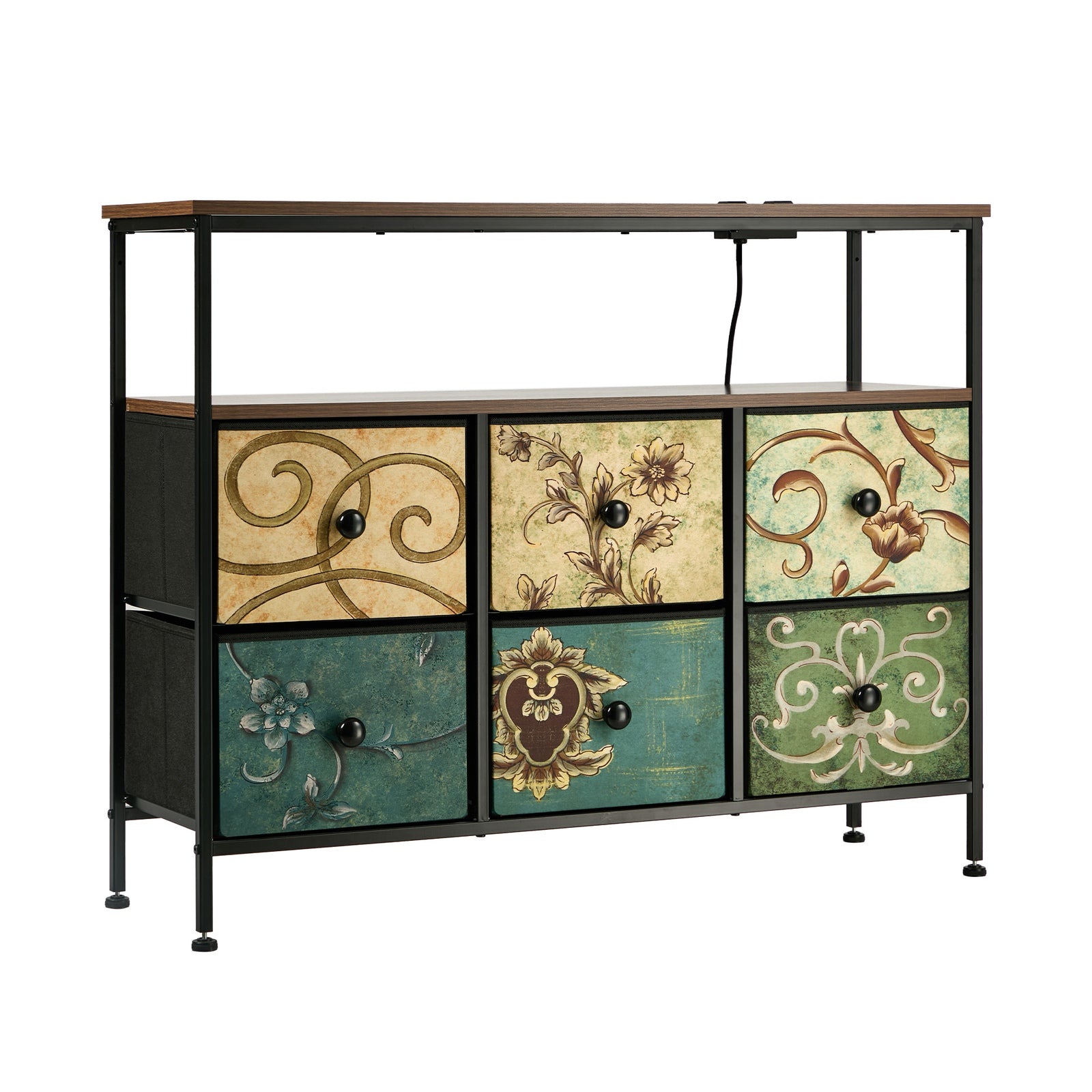 Oikiture 6 Chest of Drawers Fabric Retro Dresser Lowboy Shelf Charging Station - Sunyee