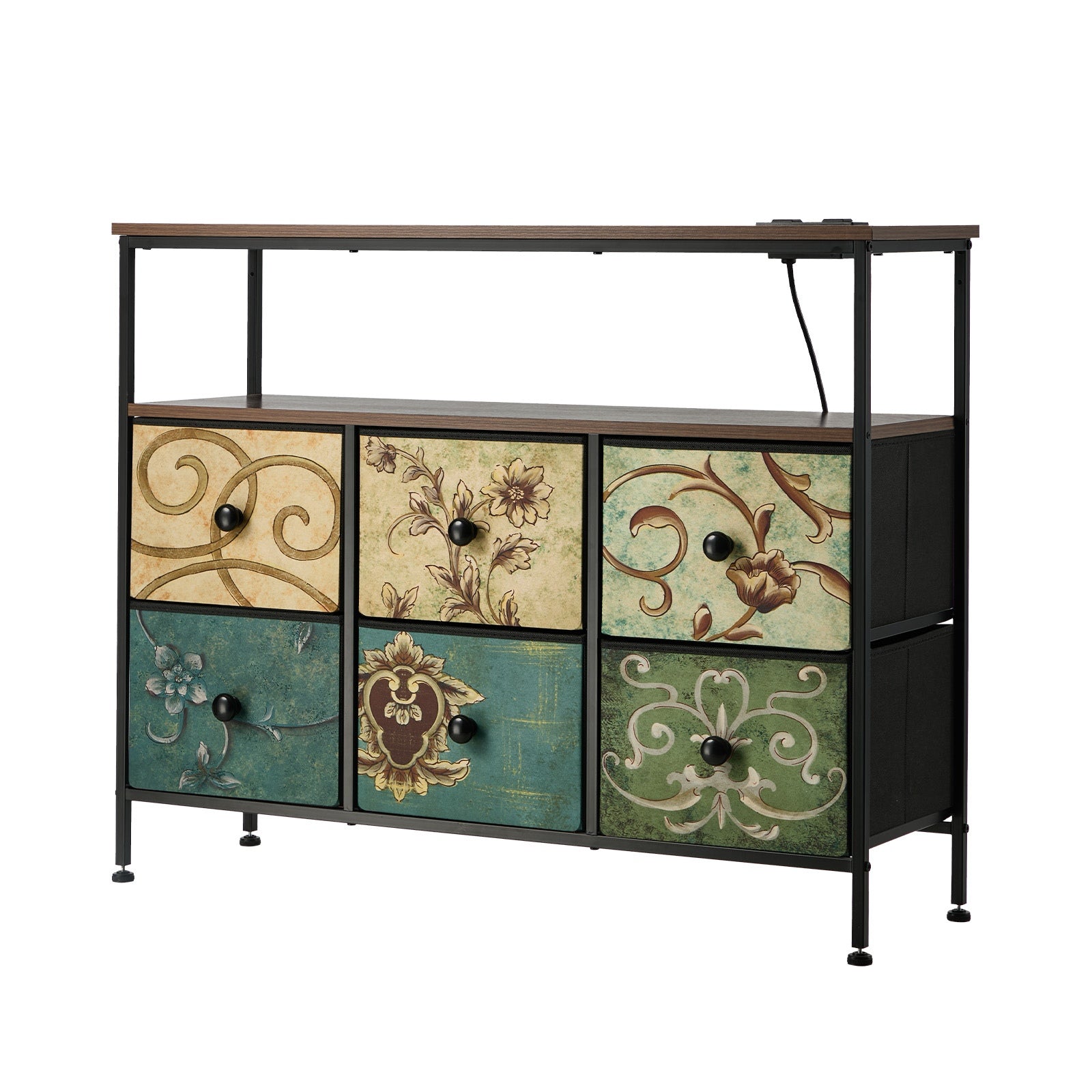 Oikiture 6 Chest of Drawers Fabric Retro Dresser Lowboy Shelf Charging Station - Sunyee