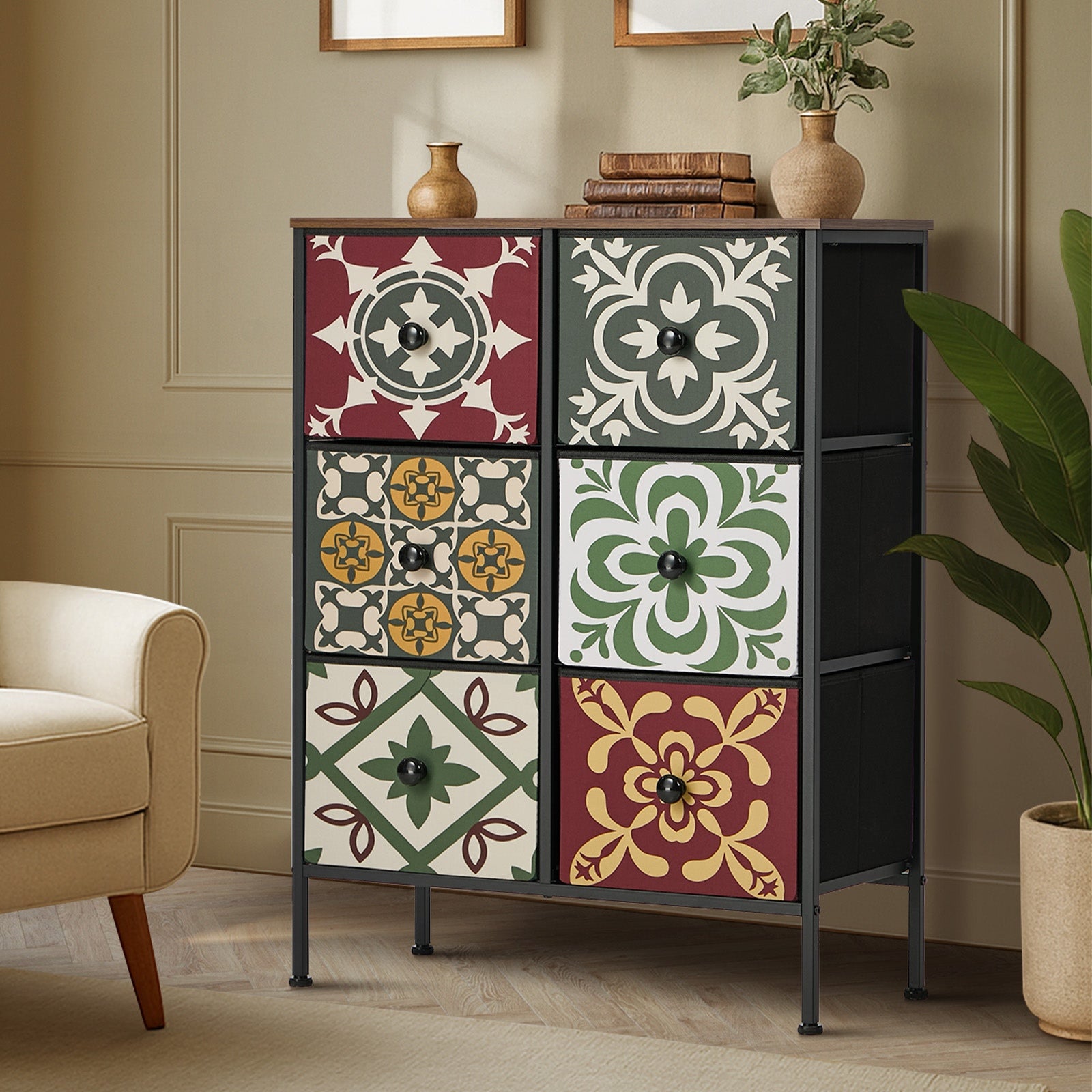 Oikiture 6 Chest Of Drawers Retro Tallboy Dresser Multi-Storage Foldable Fabric