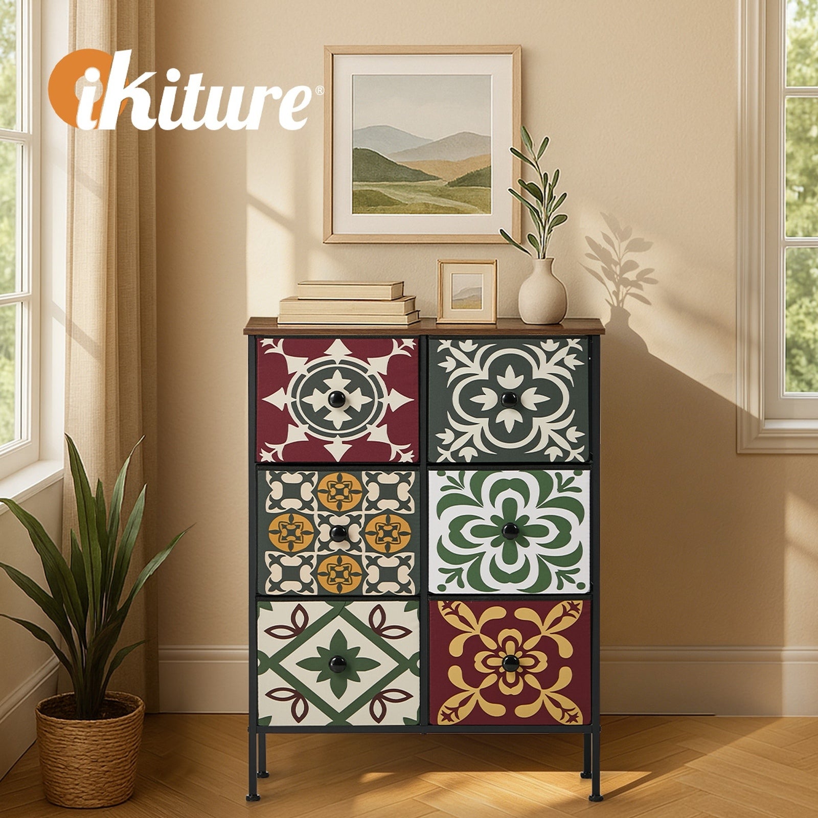 Oikiture 6 Chest Of Drawers Retro Tallboy Dresser Multi-Storage Foldable Fabric