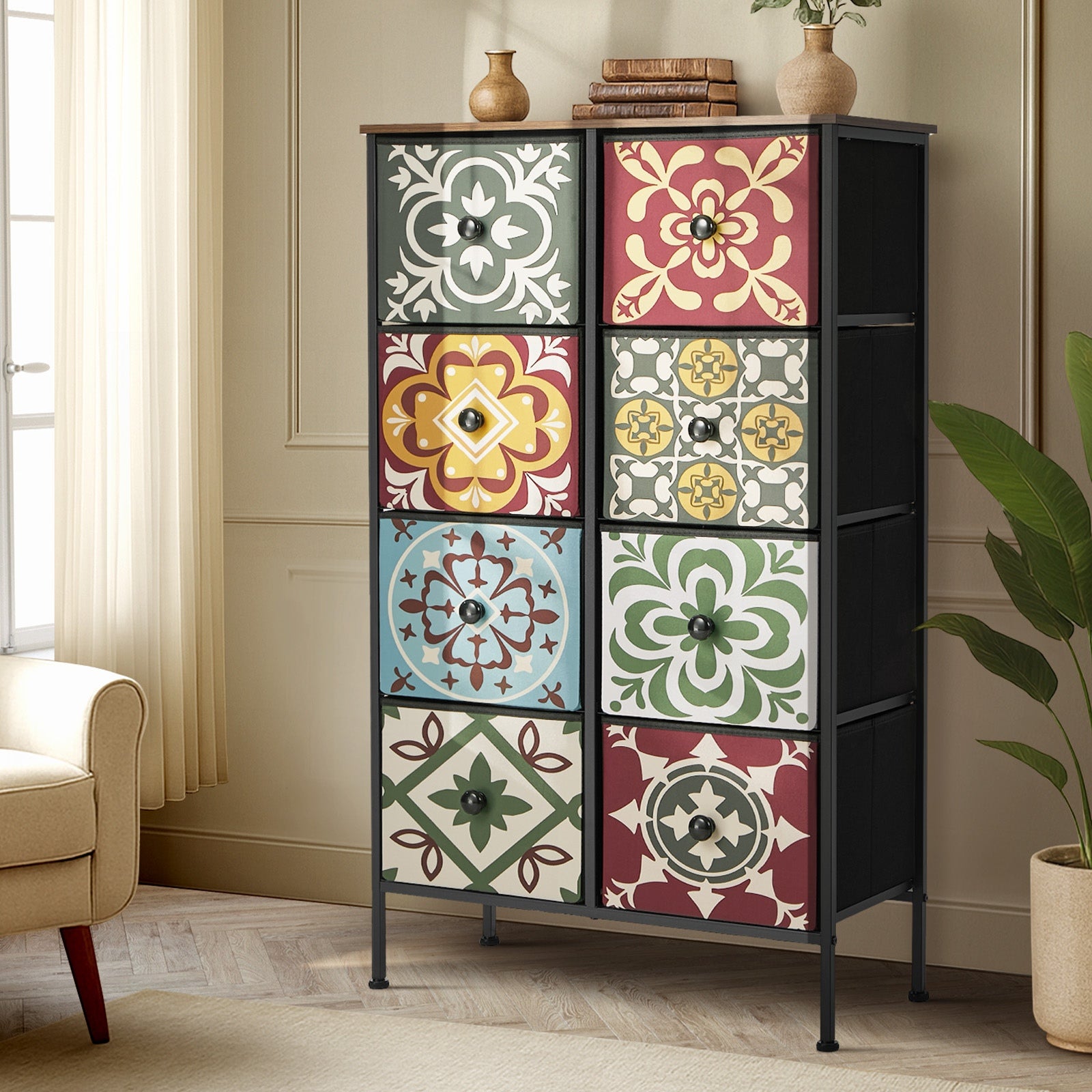 Oikiture 8 Chest Of Drawers Retro Tallboy Dresser Multi-Storage Foldable Fabric