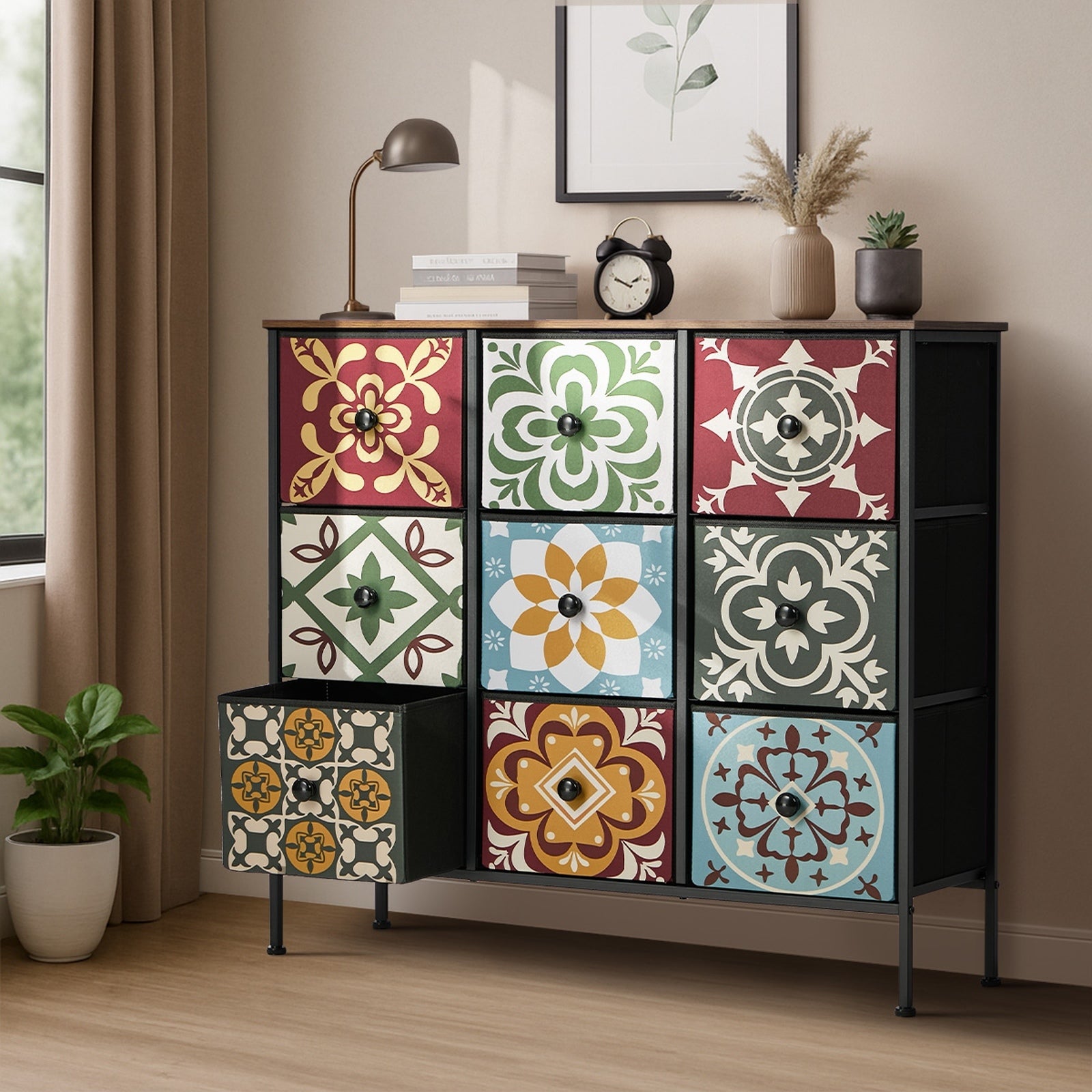 Oikiture 9 Chest Of Drawers Retro Tallboy Dresser Multi-Storage Foldable Fabric