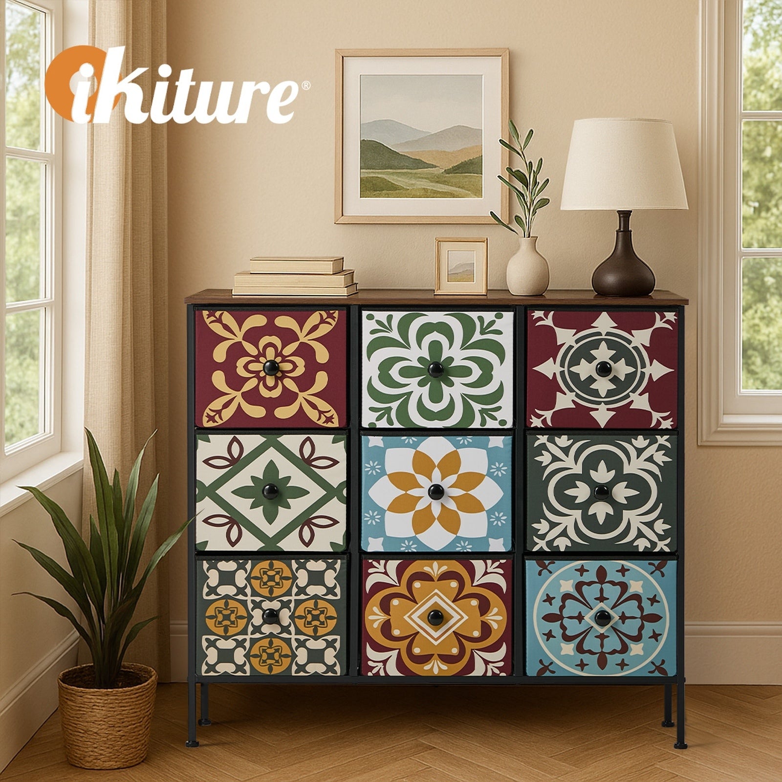 Oikiture 9 Chest Of Drawers Retro Tallboy Dresser Multi-Storage Foldable Fabric