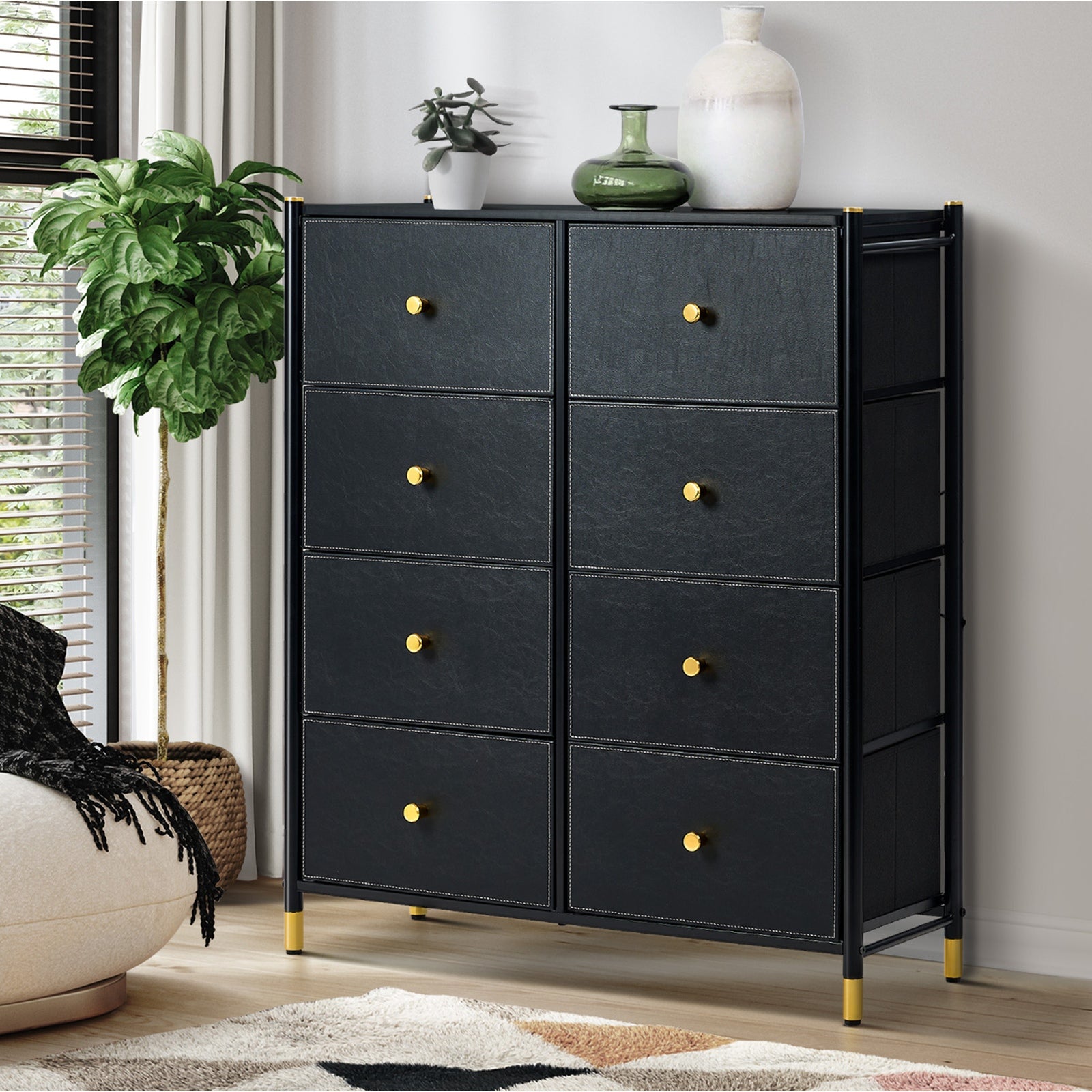 Oikiture 8 Chest of Drawers PU Fabric Storage Cabinet Dresser Tallboy Black - Sunyee