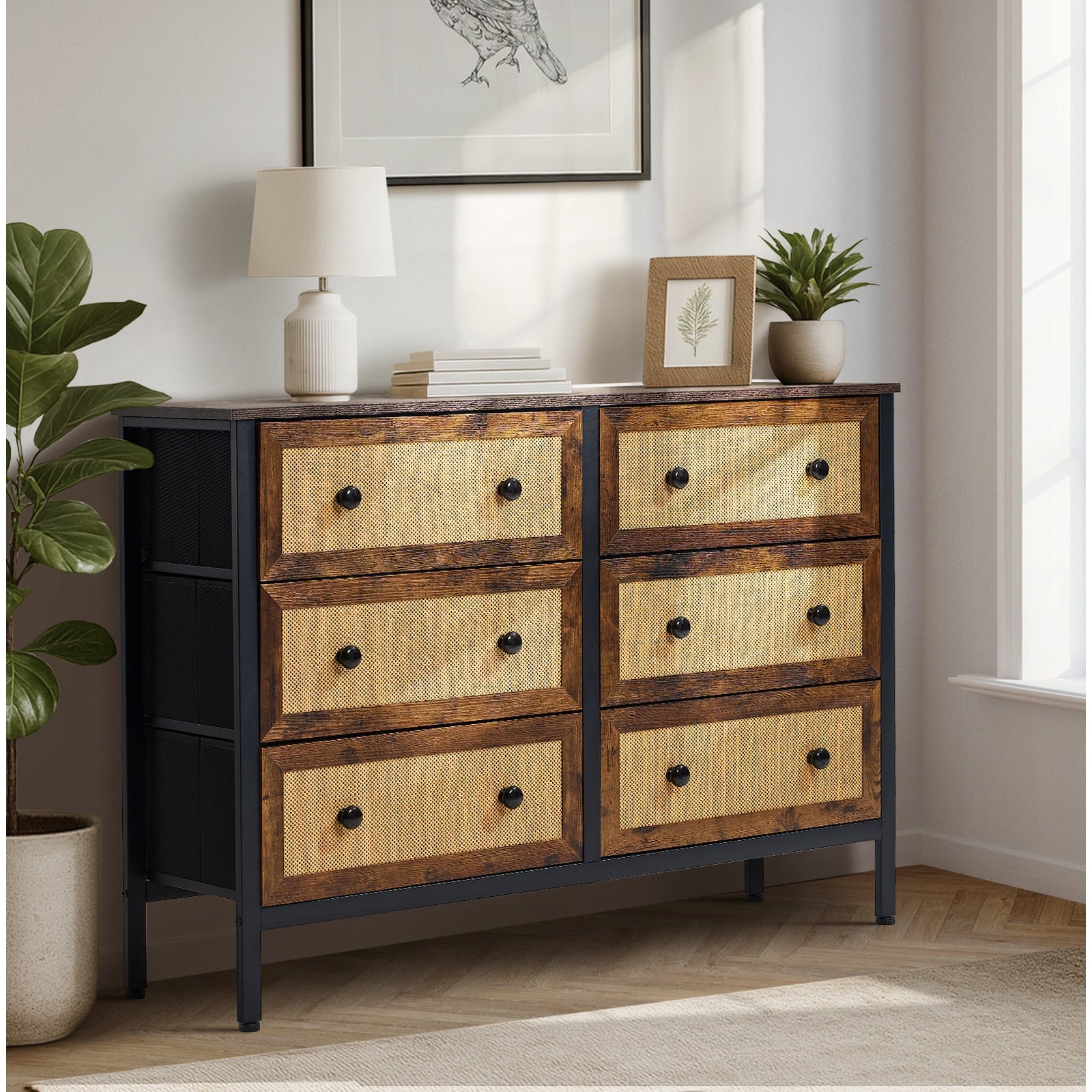 Oikiture Chest of Drawers Rattan Storage Cabinet Bedroom Dresser Tallboy - Sunyee