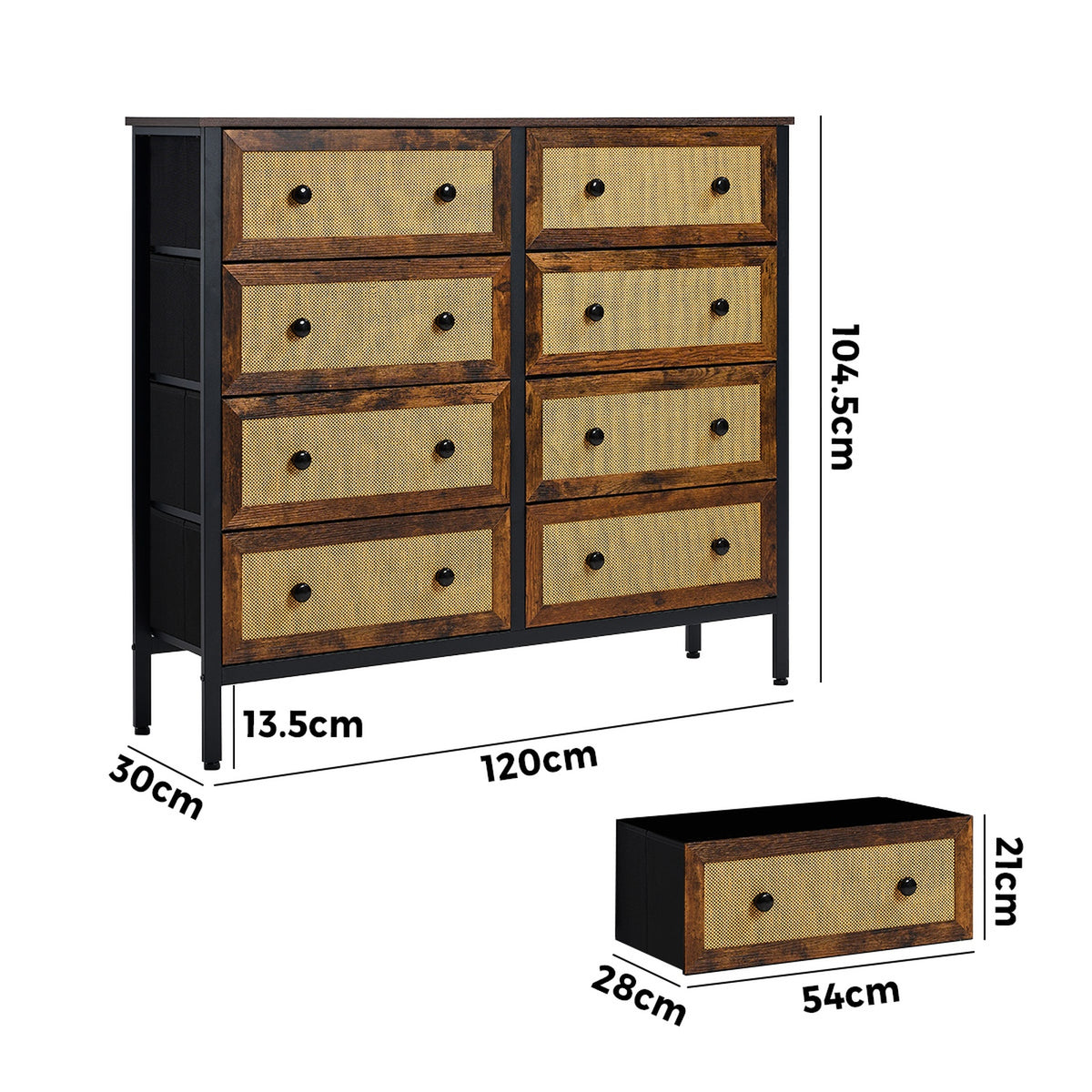 Oikiture 8 Chest of Drawers Storage Cabinet Rattan Fabric Dresser Tallboy - Sunyee