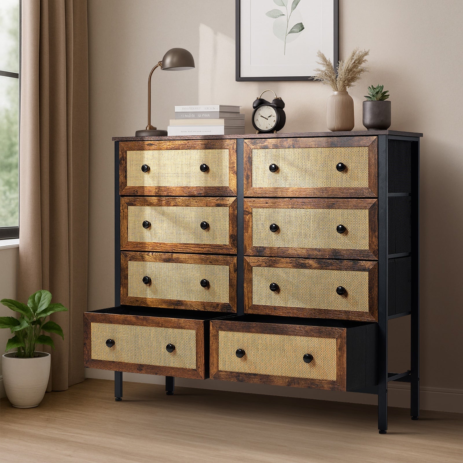 Oikiture Chest of Drawers Rattan Storage Cabinet Bedroom Dresser Tallboy - Sunyee