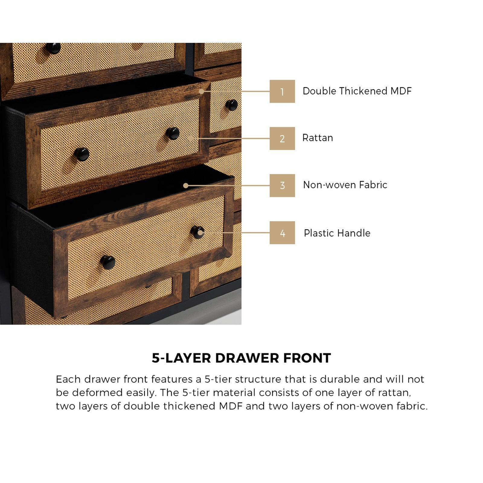 Oikiture Chest of Drawers Rattan Storage Cabinet Bedroom Dresser Tallboy - Sunyee