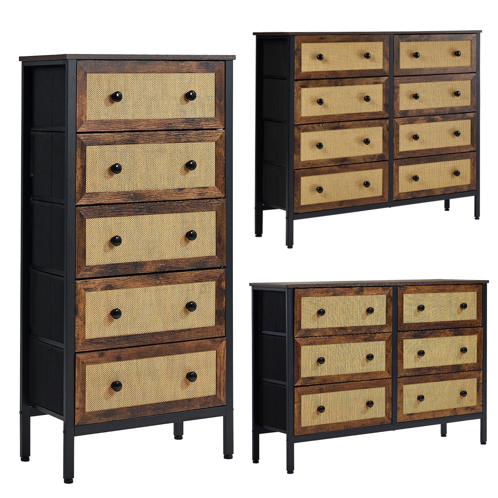 Oikiture Chest of Drawers Rattan Storage Cabinet Bedroom Dresser Tallboy - Sunyee