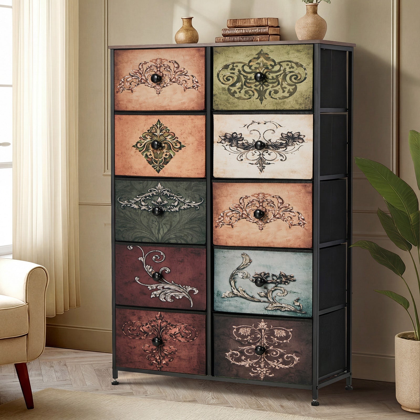 Oikiture 10 Chest Of Drawers Retro Tallboy Printed Foldable Fabric Drawers