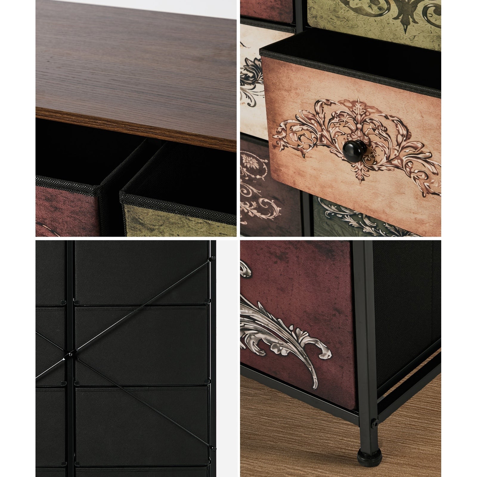 Oikiture 10 Chest Of Drawers Retro Tallboy Printed Foldable Fabric Drawers