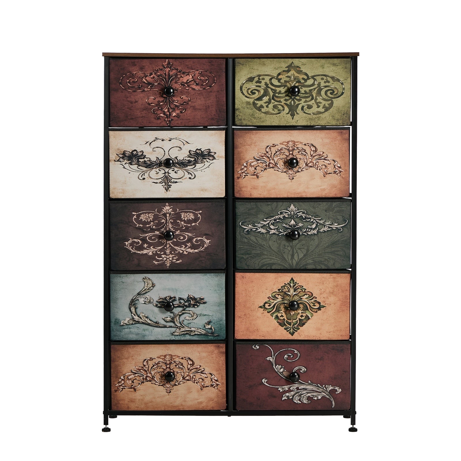 Oikiture 10 Chest Of Drawers Retro Tallboy Printed Foldable Fabric Drawers