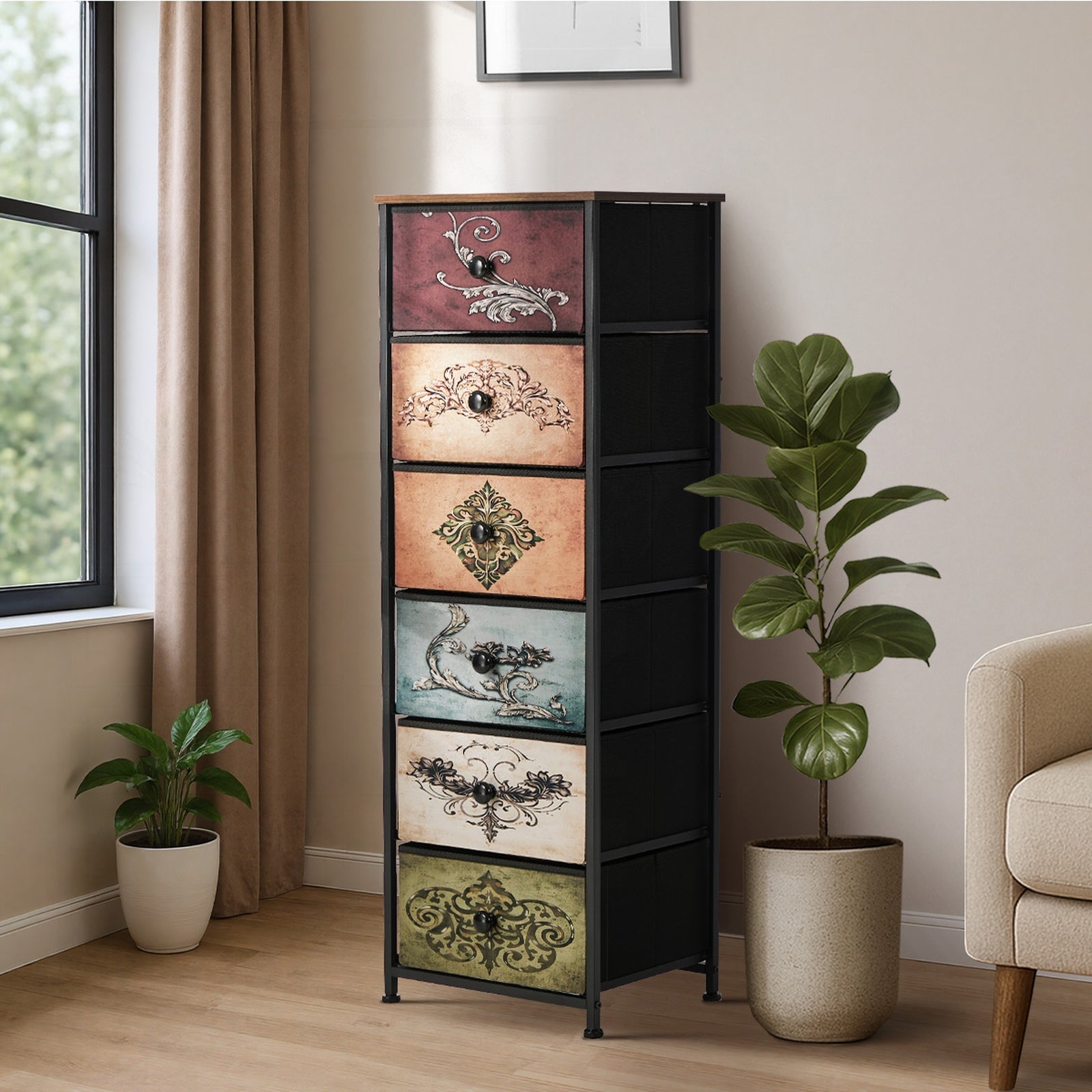 Oikiture 6 Chest Of Drawers Retro Tallboy Printed Foldable Fabric Drawers