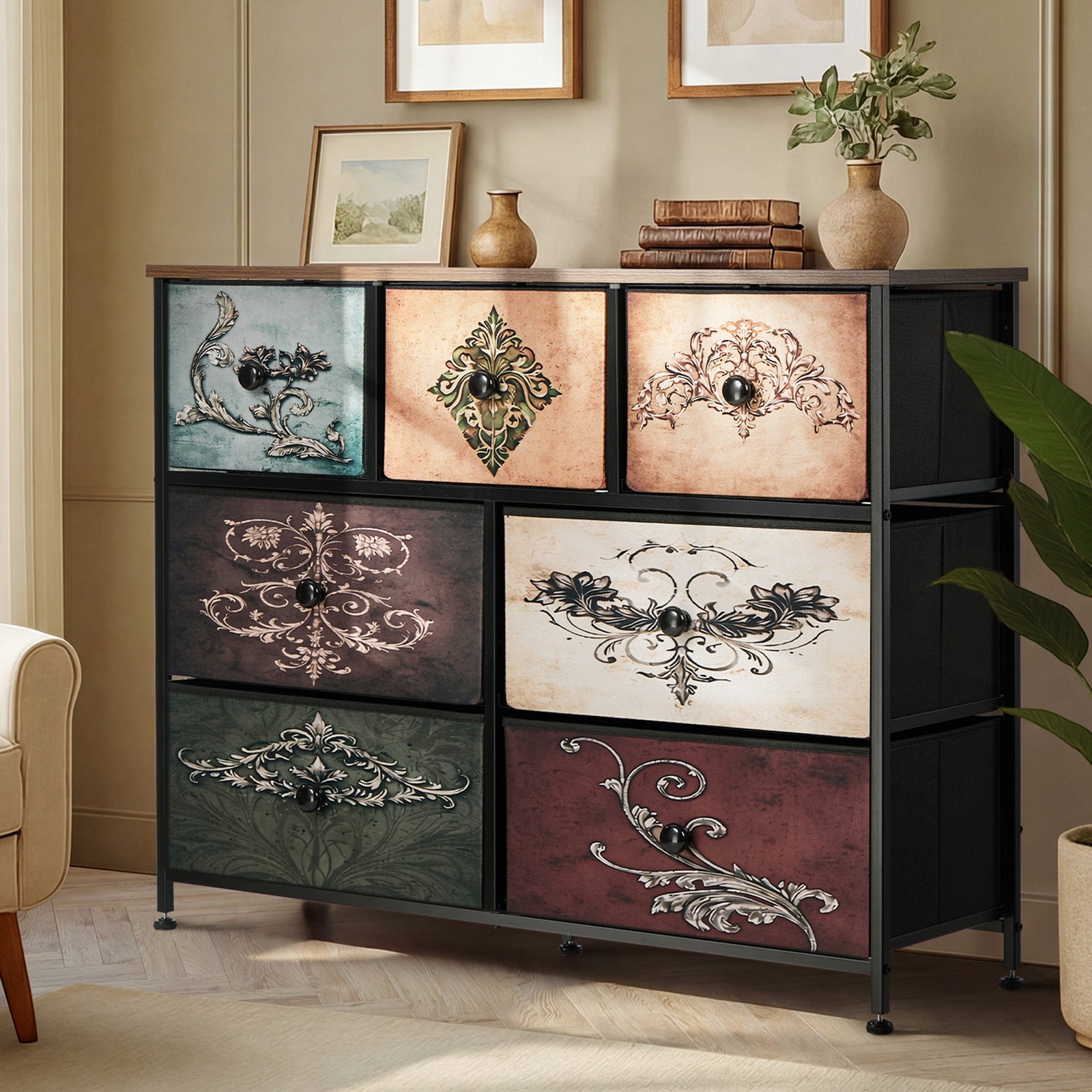 Oikiture 7 Chest Of Drawers Retro Tallboy Printed Foldable Fabric Drawers